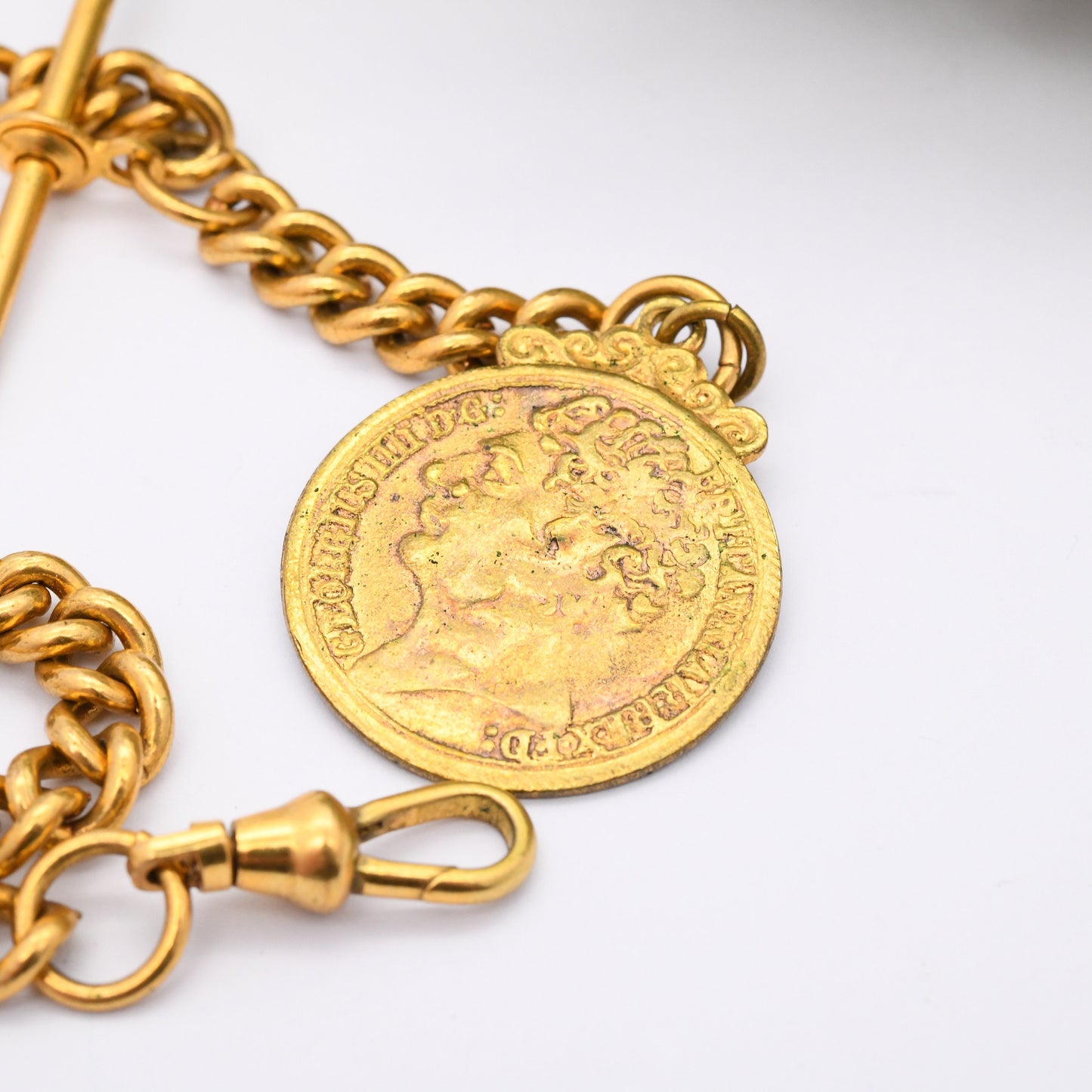 Vintage Albert Chain with 1823 George IV Token T-Bar Dog Clip Clasp - Pocket Watch Chain | Gold Tone