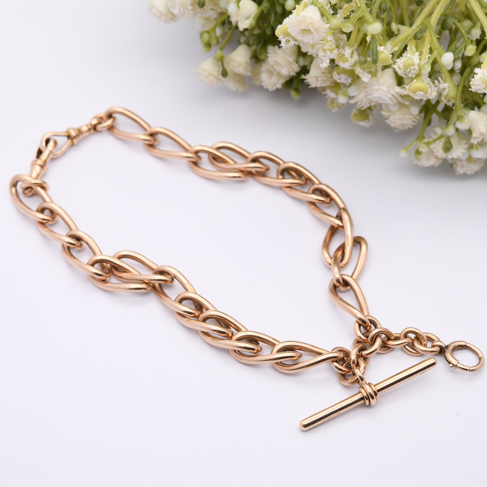 Antique 9ct Gold Necklace Double Albert Watch Chain 1910 - Edwardian Rose Gold | with T-Bar and Dog Clips | Solid Gold