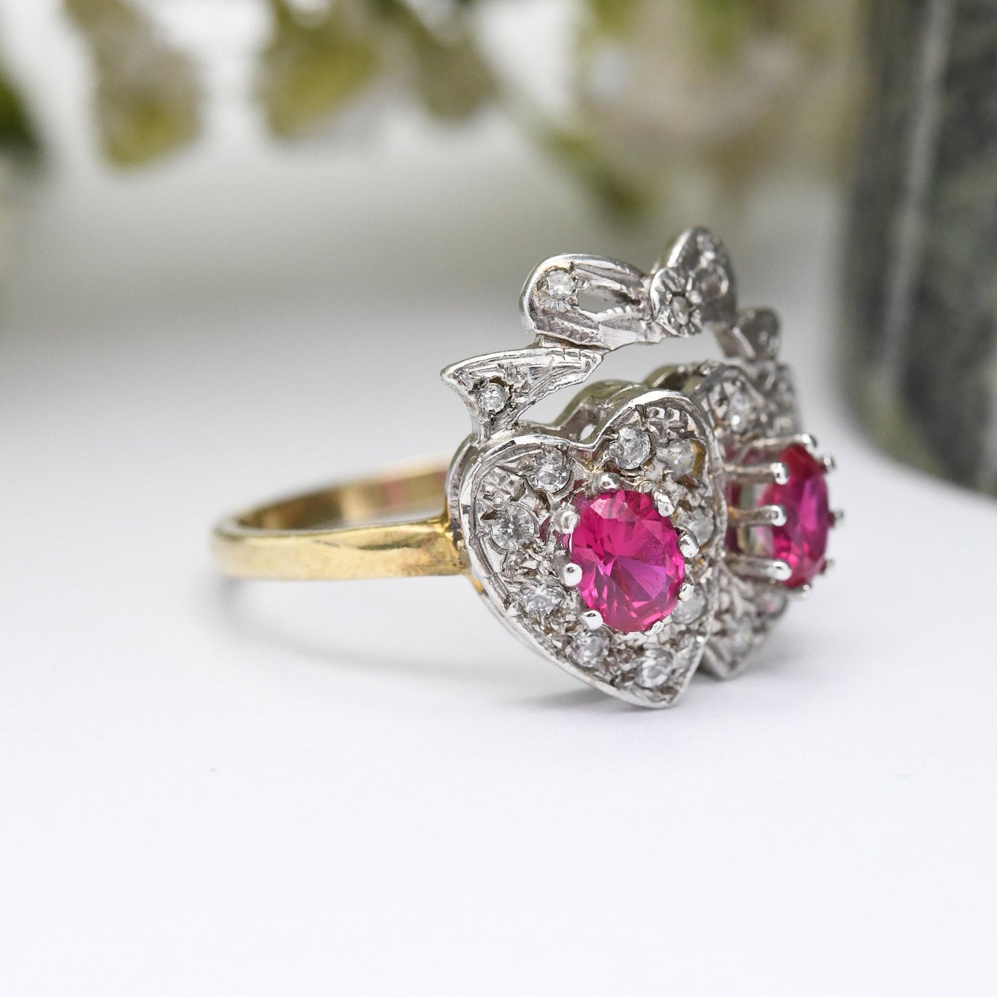 Vintage Sterling Silver Ruby Crossed Hearts and Bow Ring with Clear Stones - Gold Plated Band Statement Ring | UK Size - P | US Size - 7 1/2