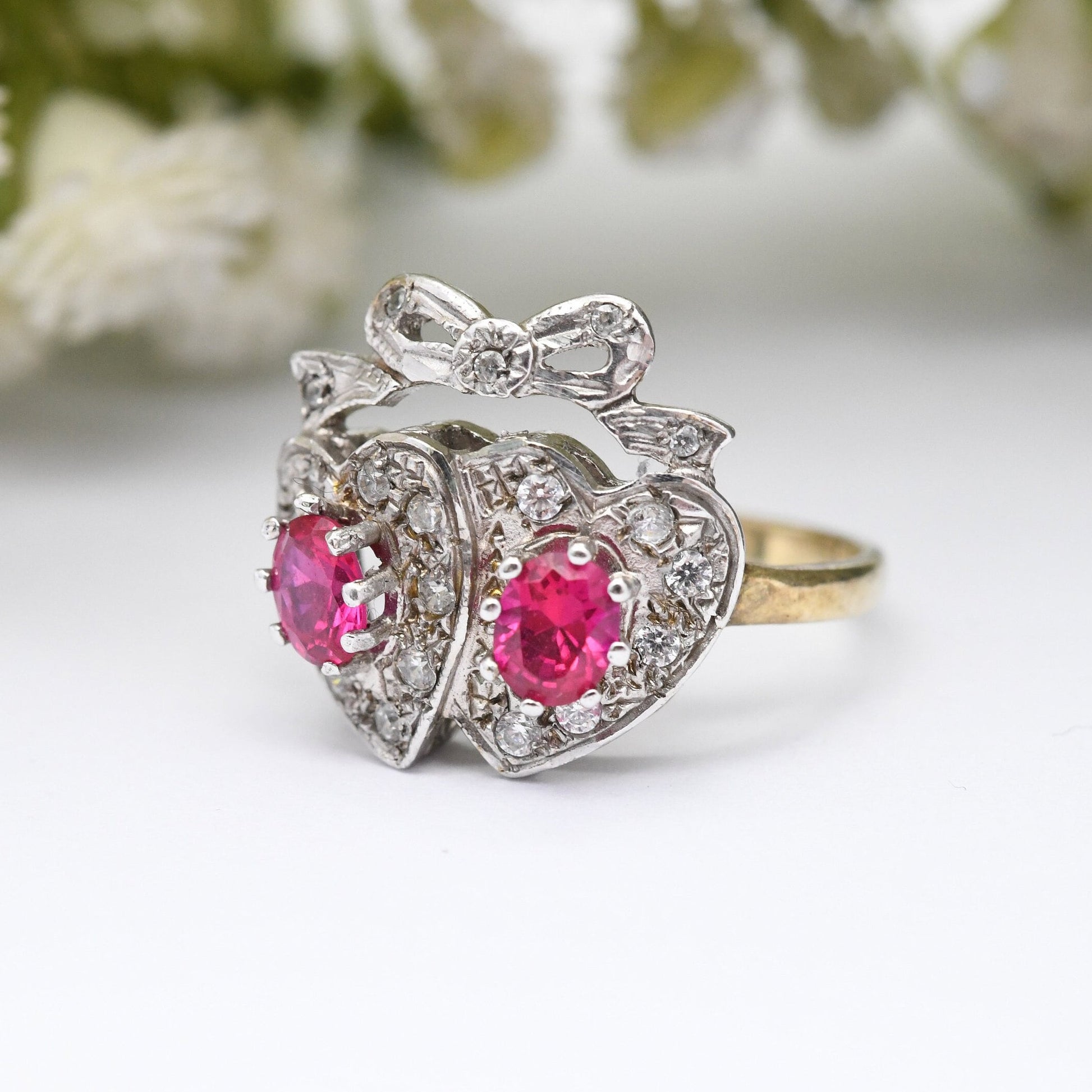 Vintage Sterling Silver Ruby Crossed Hearts and Bow Ring with Clear Stones - Gold Plated Band Statement Ring | UK Size - P | US Size - 7 1/2