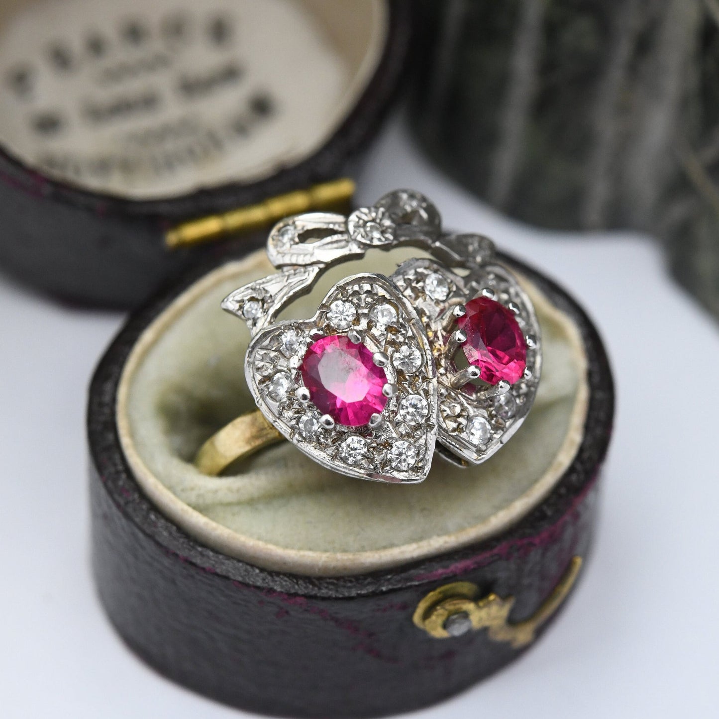 Vintage Sterling Silver Ruby Crossed Hearts and Bow Ring with Clear Stones - Gold Plated Band Statement Ring | UK Size - P | US Size - 7 1/2