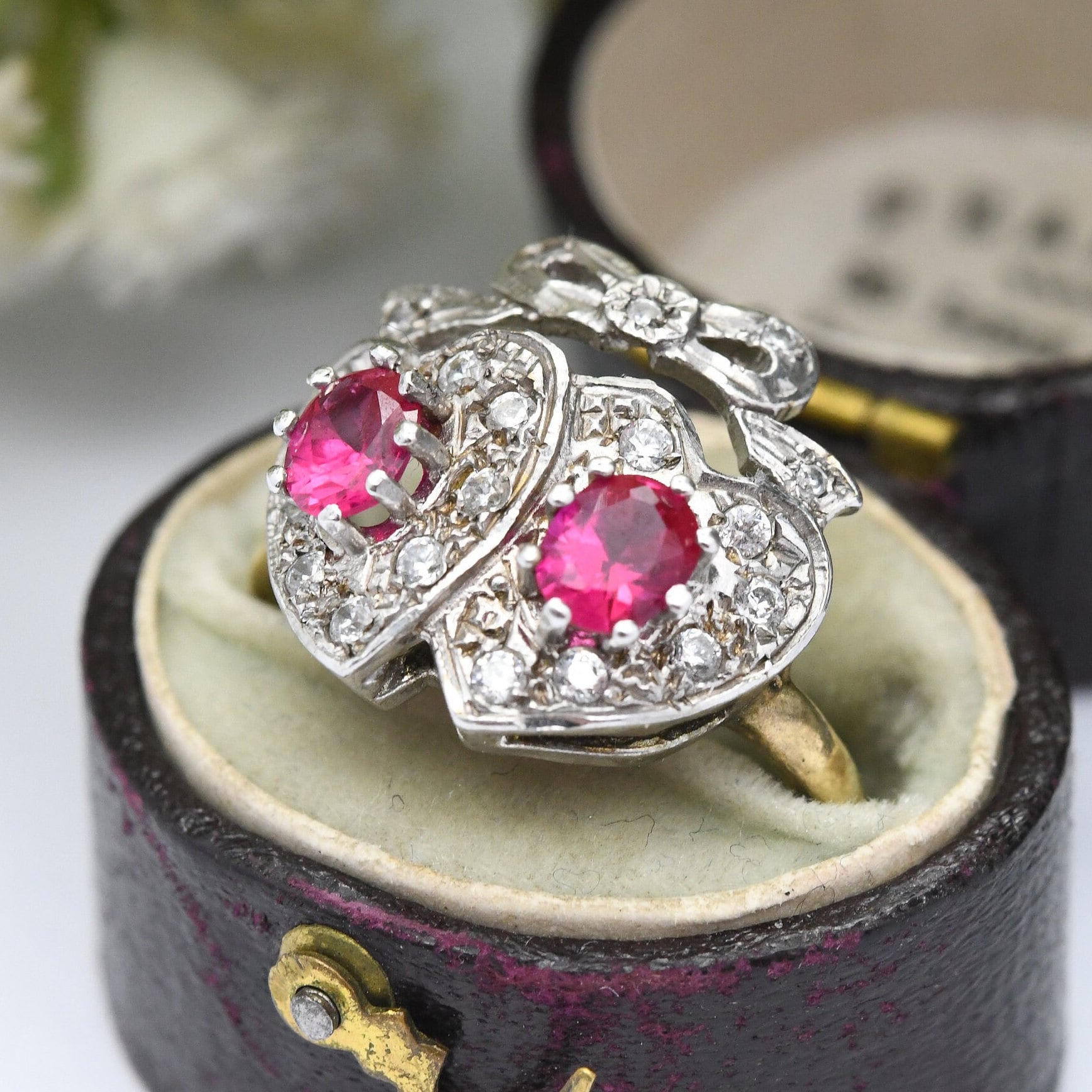 Vintage Sterling Silver Ruby Crossed Hearts and Bow Ring with Clear Stones - Gold Plated Band Statement Ring | UK Size - P | US Size - 7 1/2