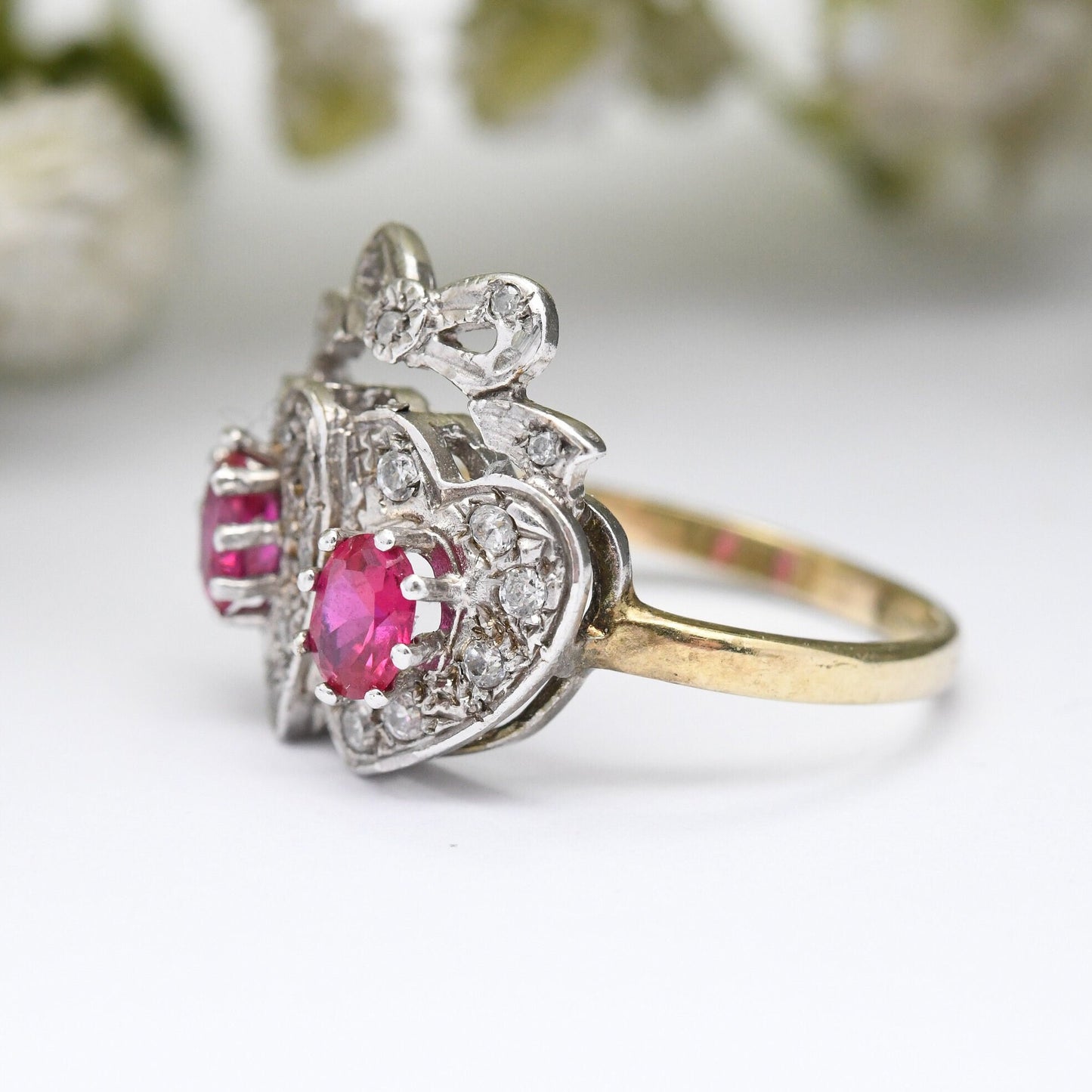 Vintage Sterling Silver Ruby Crossed Hearts and Bow Ring with Clear Stones - Gold Plated Band Statement Ring | UK Size - P | US Size - 7 1/2