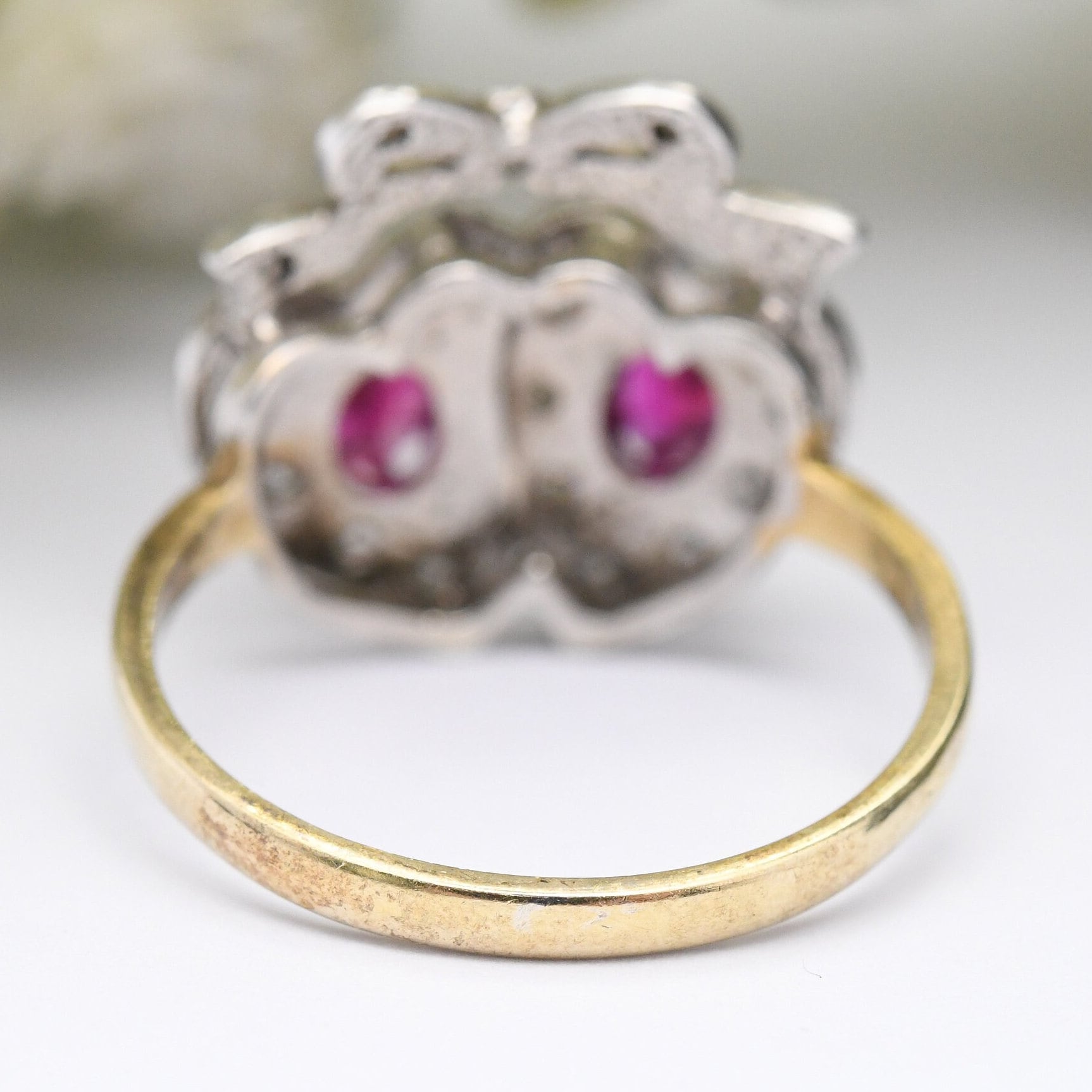 Vintage Sterling Silver Ruby Crossed Hearts and Bow Ring with Clear Stones - Gold Plated Band Statement Ring | UK Size - P | US Size - 7 1/2