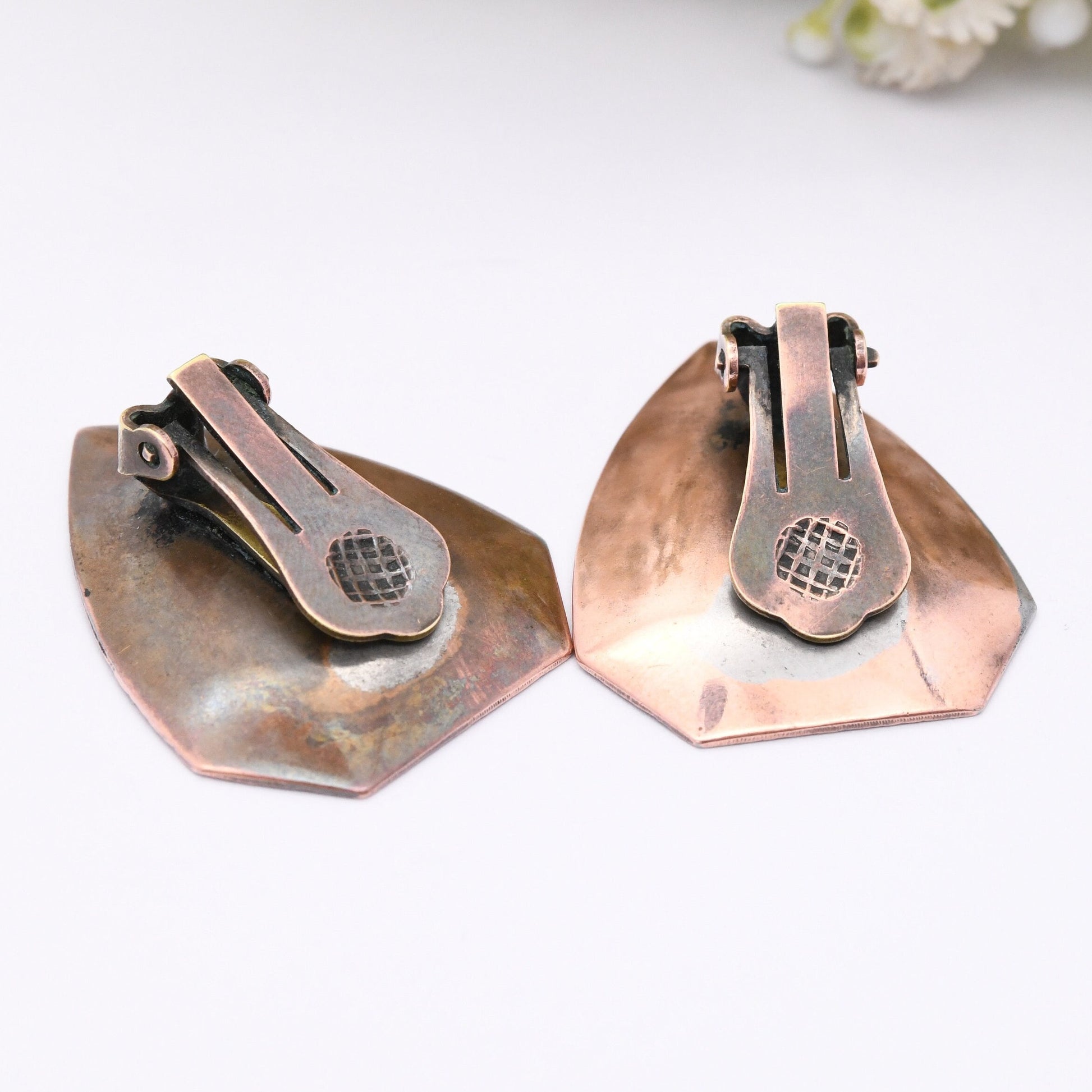 Vintage Mid-Century Copper Coin Shield Clip On Earrings - George VI Farthing Coin Jewellery | Dramatic Statement Modernist Clips