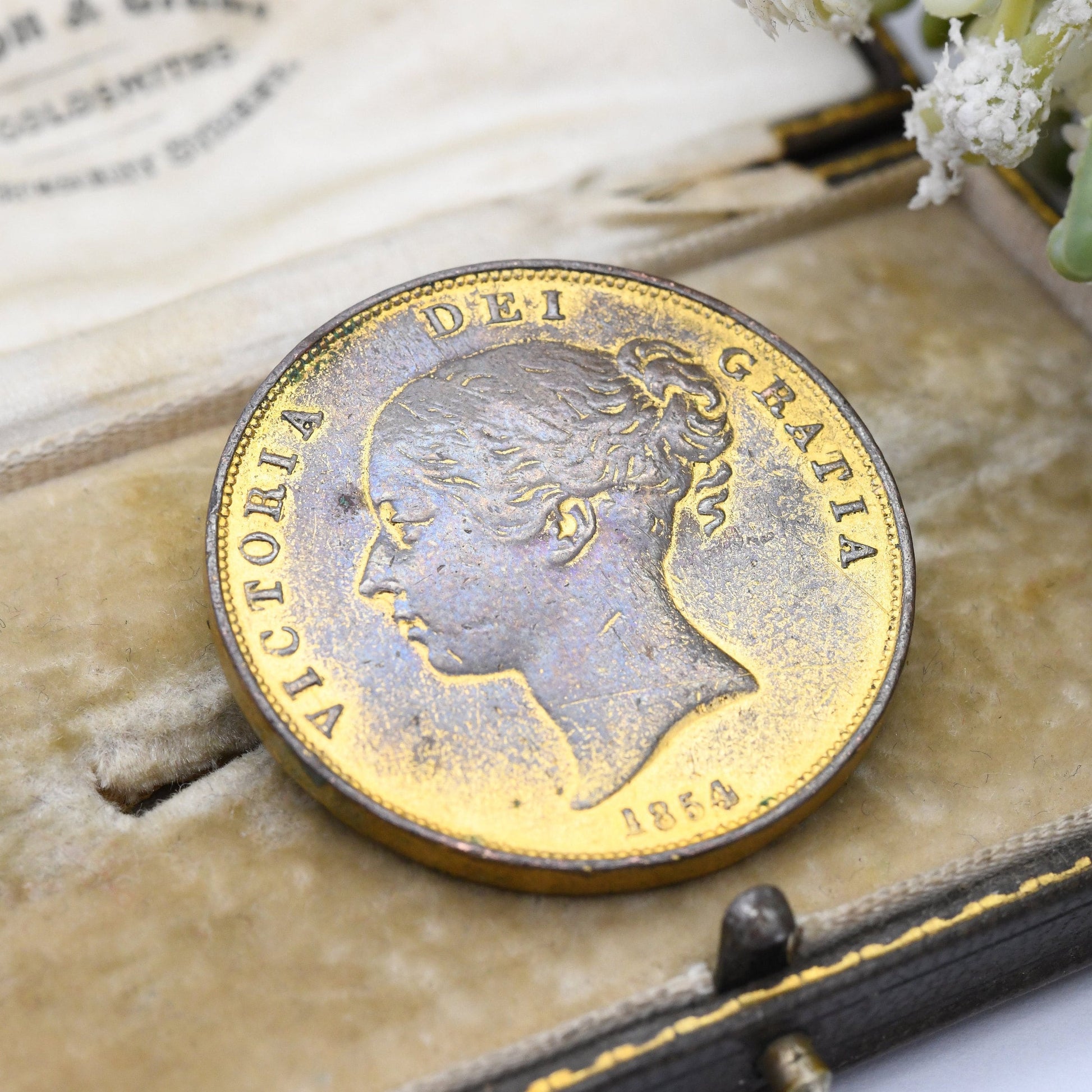 Antique 1854 Victoria One Penny Coin Brooch - Large Statement Copper Coin Jewellery | Gold-Tone