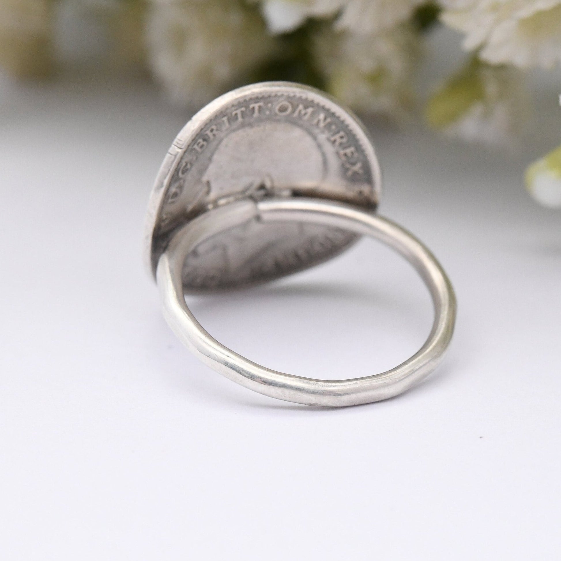 Antique Sterling Silver George V Threepence 1914 Coin Ring - English Royal Family Coin Jewellery | UK Size - G 1/2 | US Size - 3 1/2