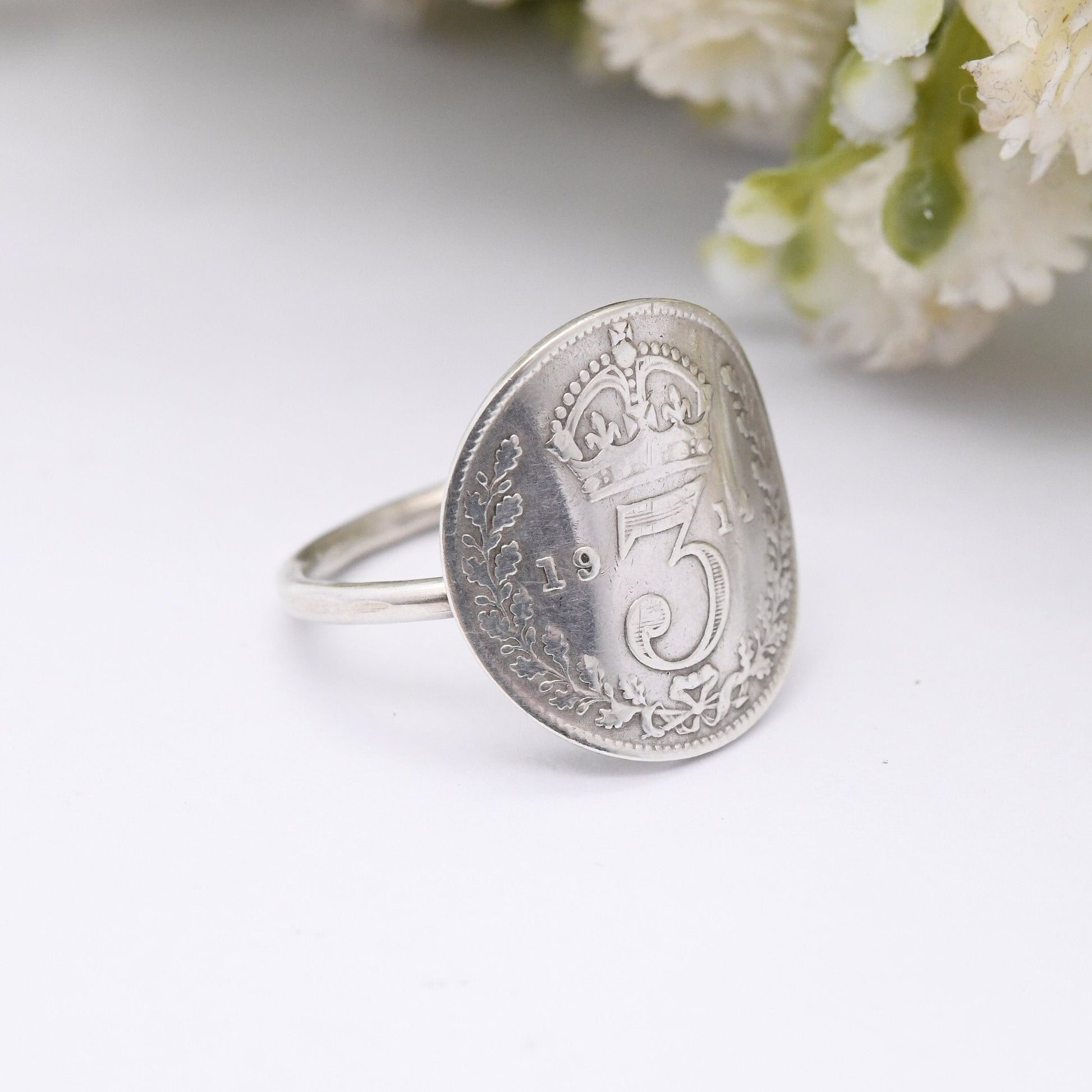 Antique Sterling Silver George V Threepence 1914 Coin Ring - English Royal Family Coin Jewellery | UK Size - G 1/2 | US Size - 3 1/2