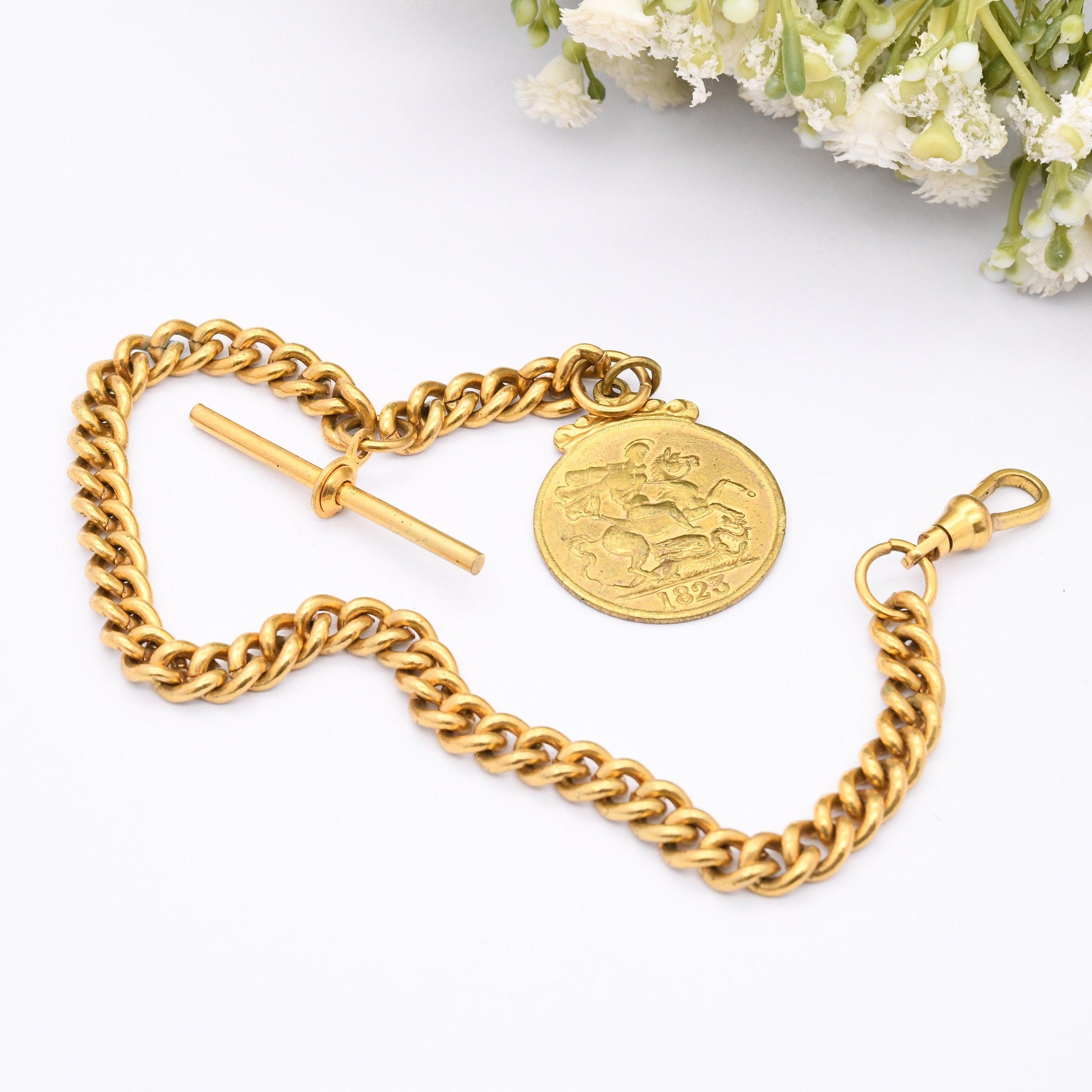 Vintage Albert Chain with 1823 George IV Token T-Bar Dog Clip Clasp - Pocket Watch Chain | Gold Tone