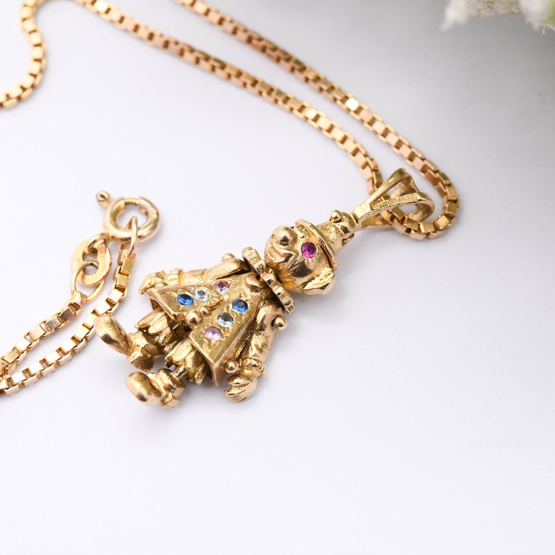 Vintage 9ct Gold Clown Charm Pendant Necklace with Ruby Eyes - Articulated Clown | Moving Limbs | Colourful Gemstone Buttons