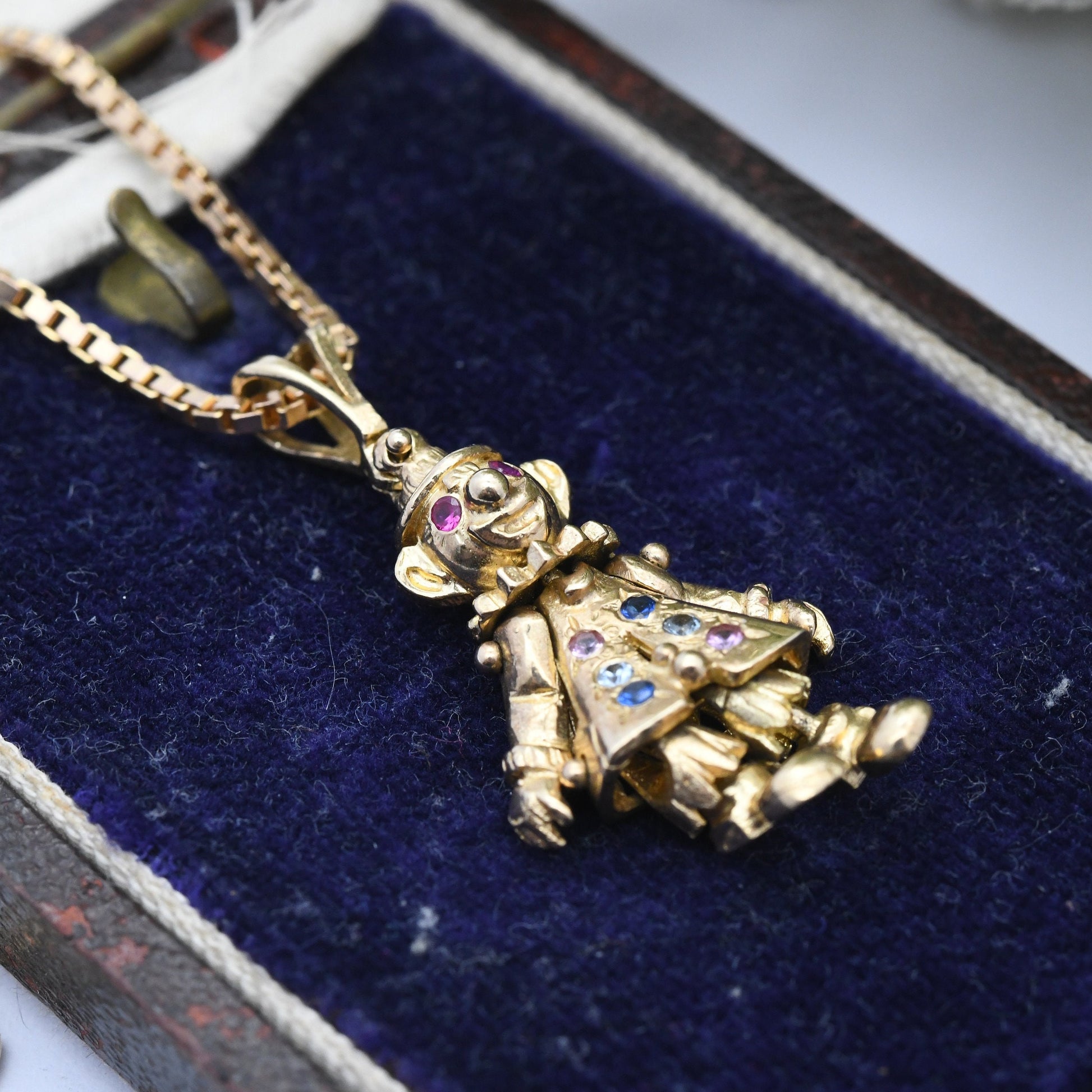 Vintage 9ct Gold Clown Charm Pendant Necklace with Ruby Eyes - Articulated Clown | Moving Limbs | Colourful Gemstone Buttons