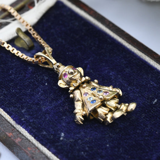 Vintage 9ct Gold Clown Charm Pendant Necklace with Ruby Eyes - Articulated Clown | Moving Limbs | Colourful Gemstone Buttons