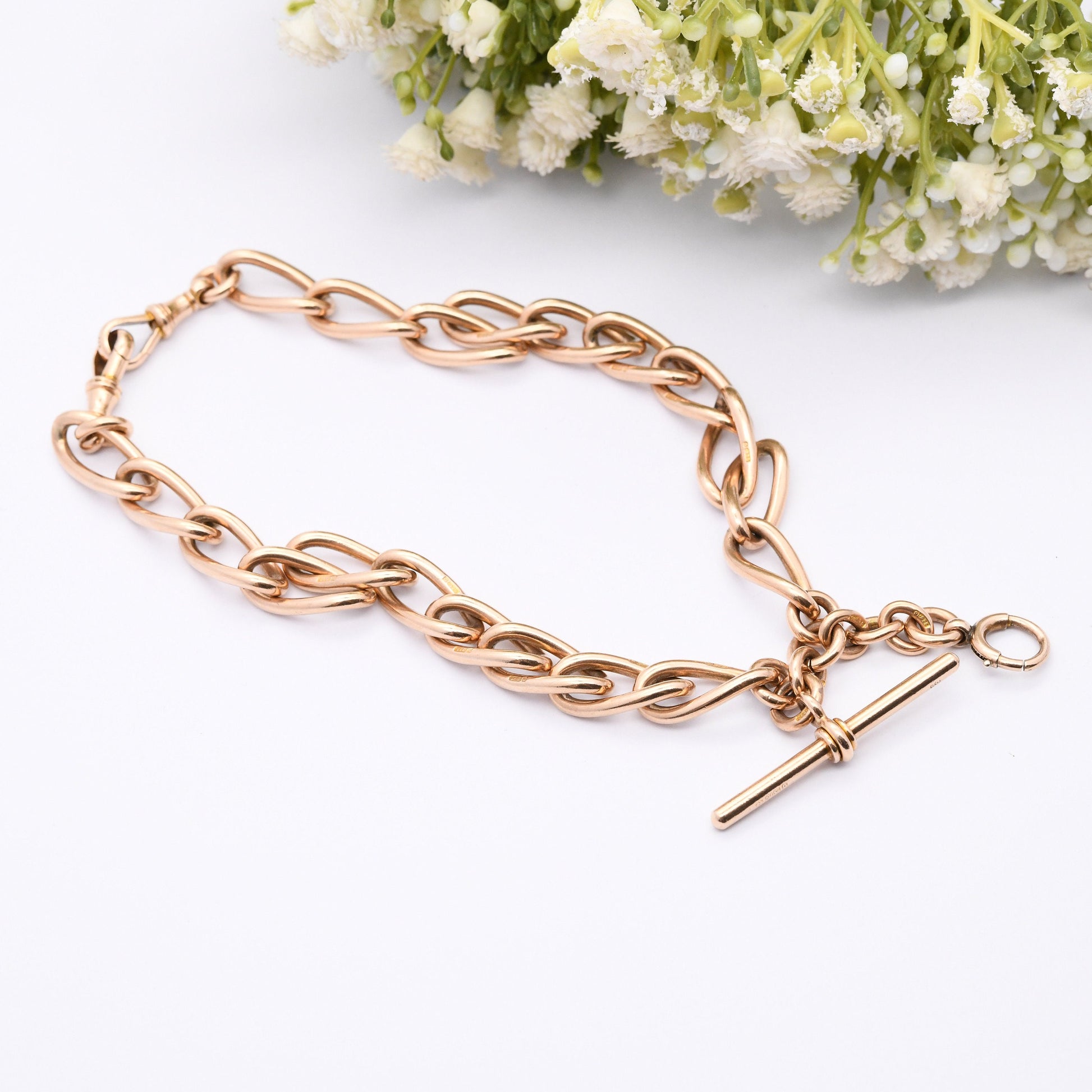 Antique 9ct Gold Necklace Double Albert Watch Chain 1910 - Edwardian Rose Gold | with T-Bar and Dog Clips | Solid Gold