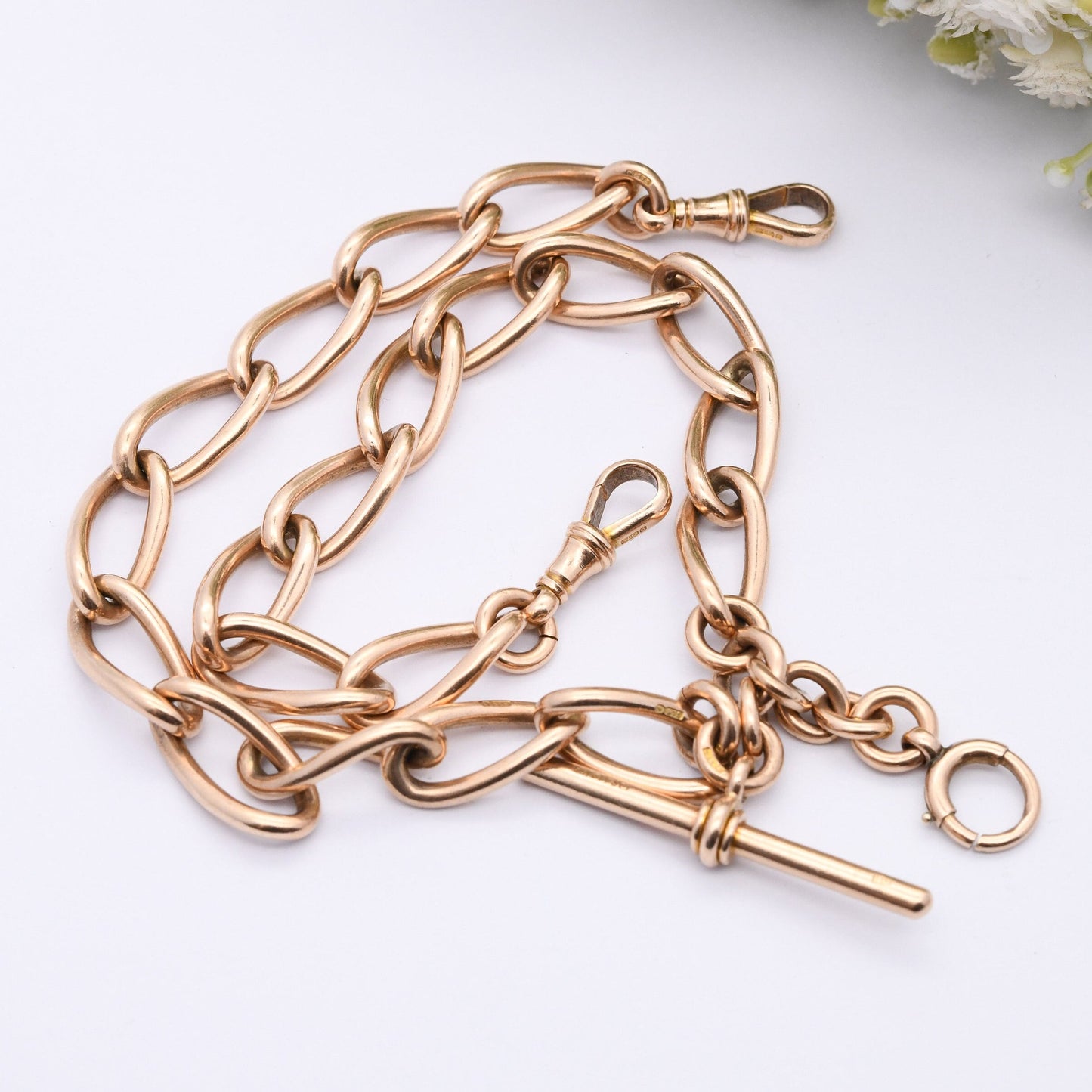 Antique 9ct Gold Necklace Double Albert Watch Chain 1910 - Edwardian Rose Gold | with T-Bar and Dog Clips | Solid Gold