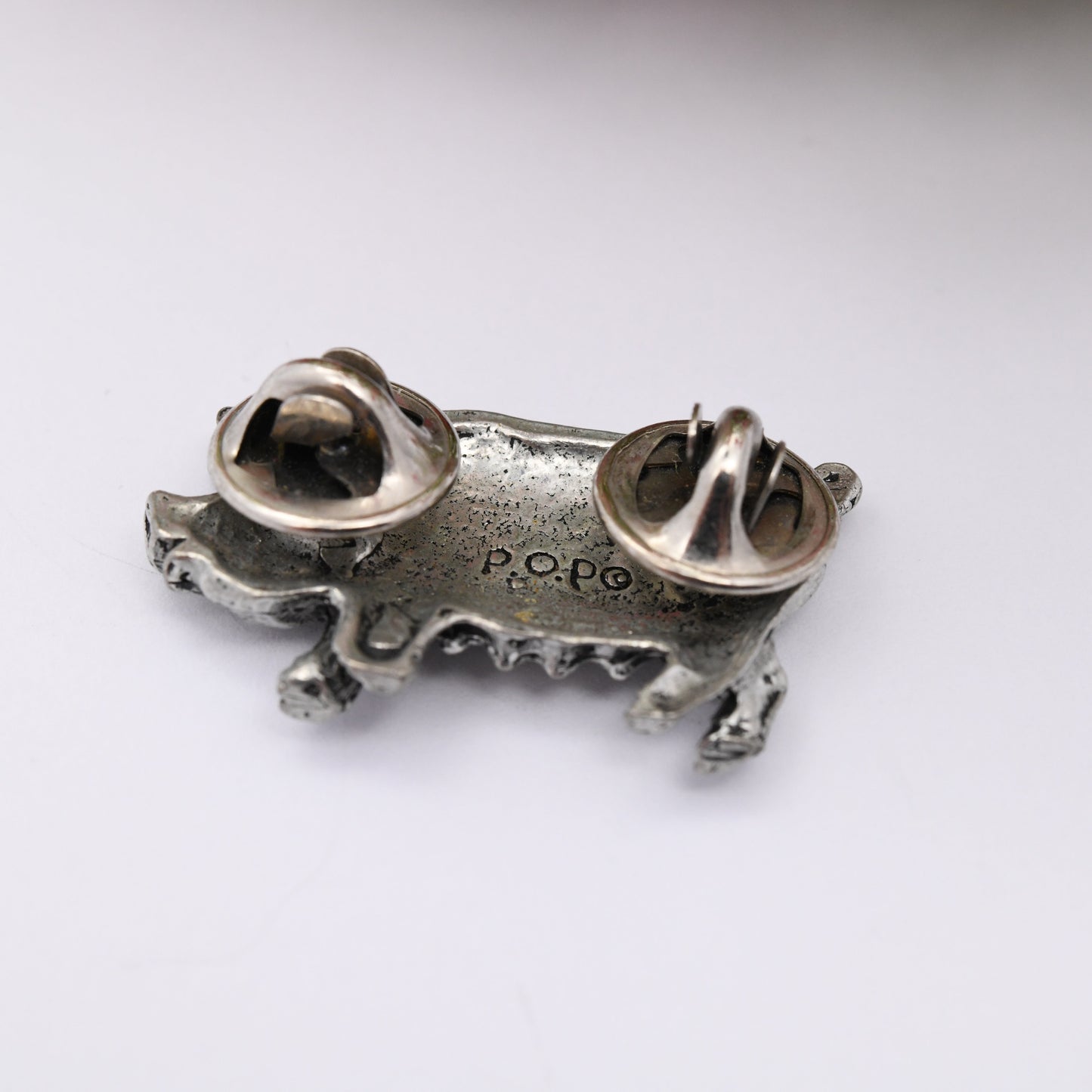 Vintage Pewter Pig Brooch Pin Badge - Signed POP | Silver Tone