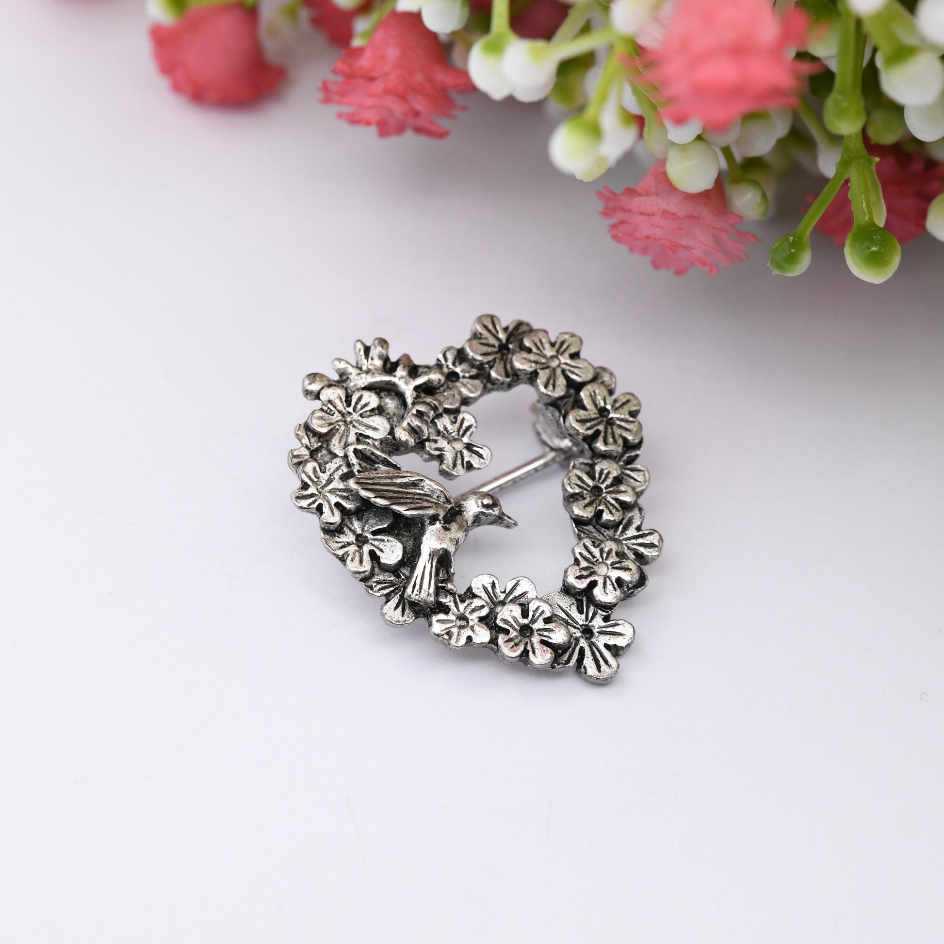 Vintage MASJ Pewter Hummingbird Flower Brooch 1990 - Openwork Heart Wreath Brooch | Silver Tone | Maureen Ann Story-Jones