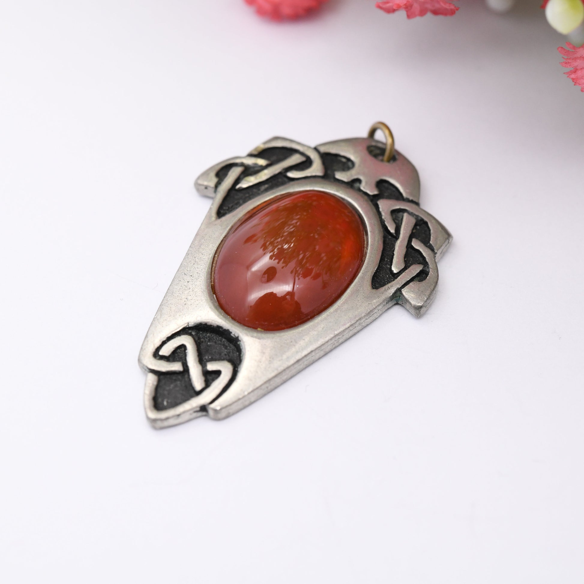 Vintage St Justin Pewter Celtic Pendant - Statement Red Stone Silver Tone | Vintage Costume Jewellery