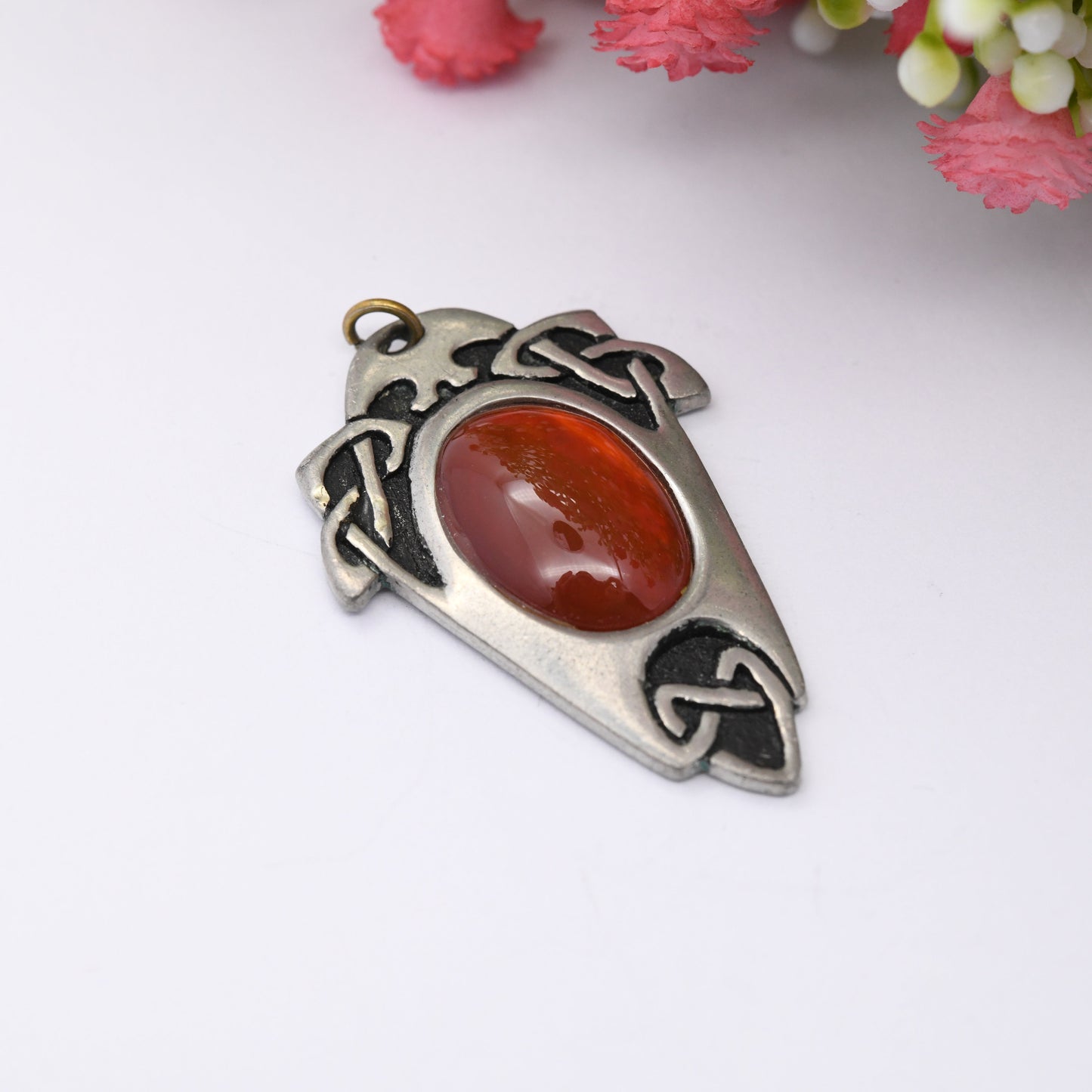 Vintage St Justin Pewter Celtic Pendant - Statement Red Stone Silver Tone | Vintage Costume Jewellery