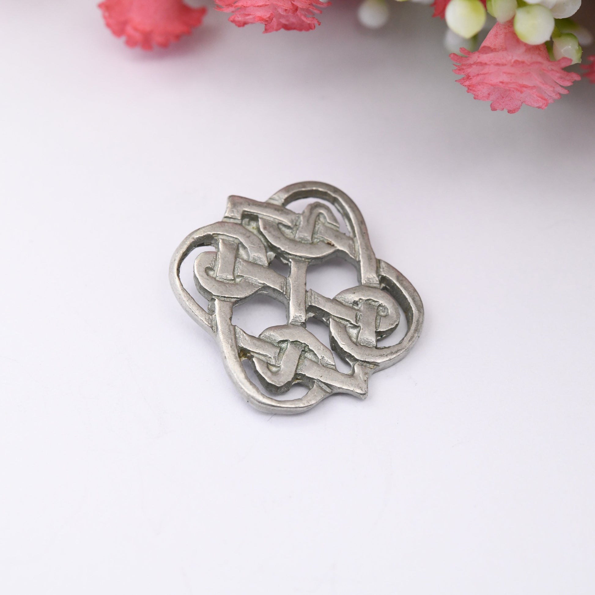 Vintage Pewter Celtic Cross Pendant - Quatrefoil Celtic Knot Design Twisted