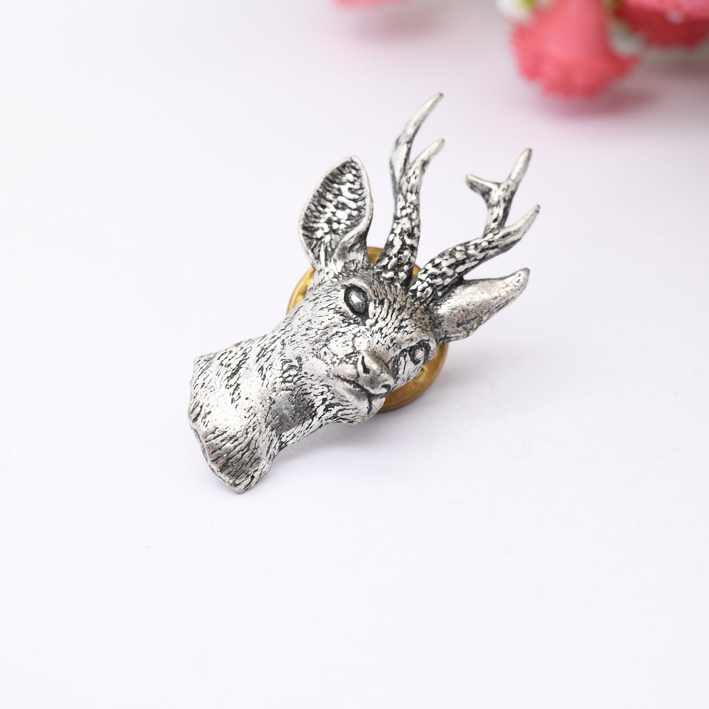 Vintage A R Brown Deer Brooch Lapel Pin - Signed English Pewter | Animal Jewellery Gift | Silver Tone Stag with Antlers