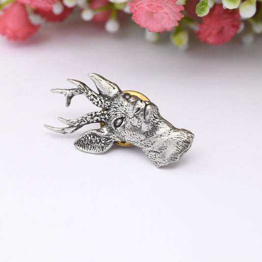 Vintage A R Brown Deer Brooch Lapel Pin - Signed English Pewter | Animal Jewellery Gift | Silver Tone Stag with Antlers