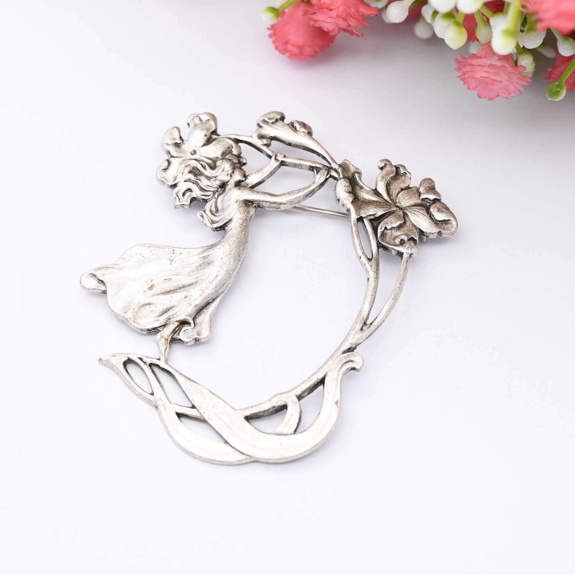 Vintage Art Nouveau Style Fairy Brooch - Large Openwork Flower and Girl Brooch | Silver Tone