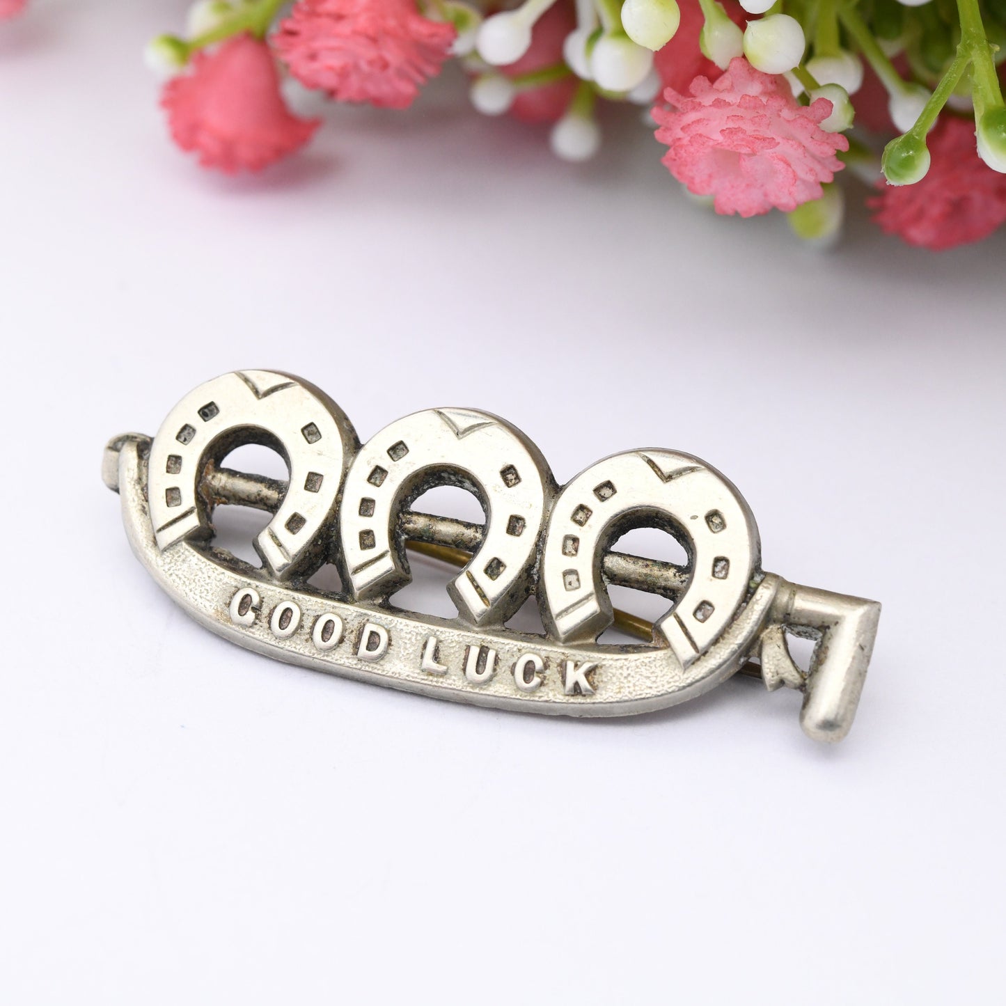 Antique Good Luck Horseshoe Brooch - Victorian Lucky Symbol Jewellery | Silver Tone