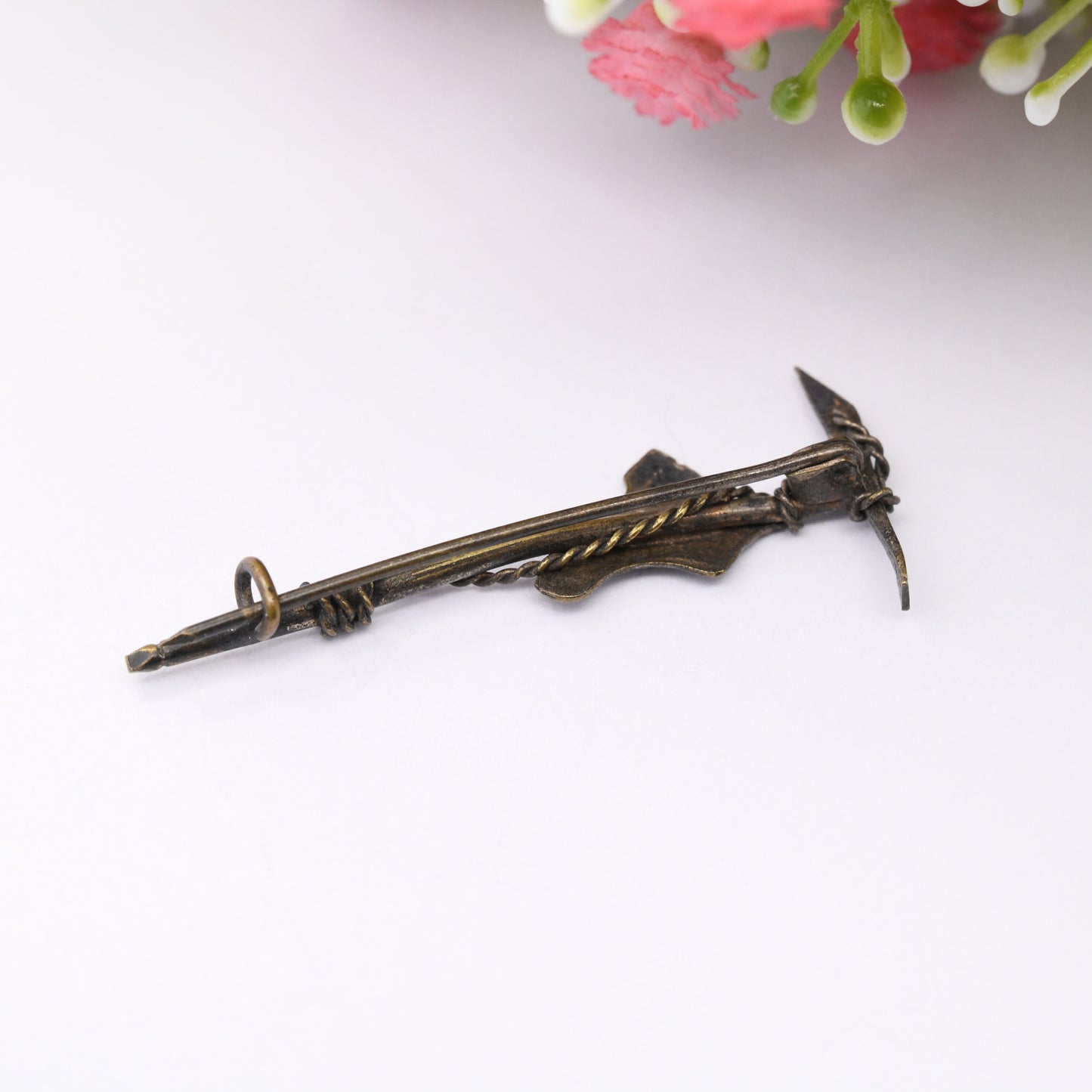 Antique Austrian Pickaxe and Edelweiss Boot Bar Brooch - Vintage Souvenir Jewellery