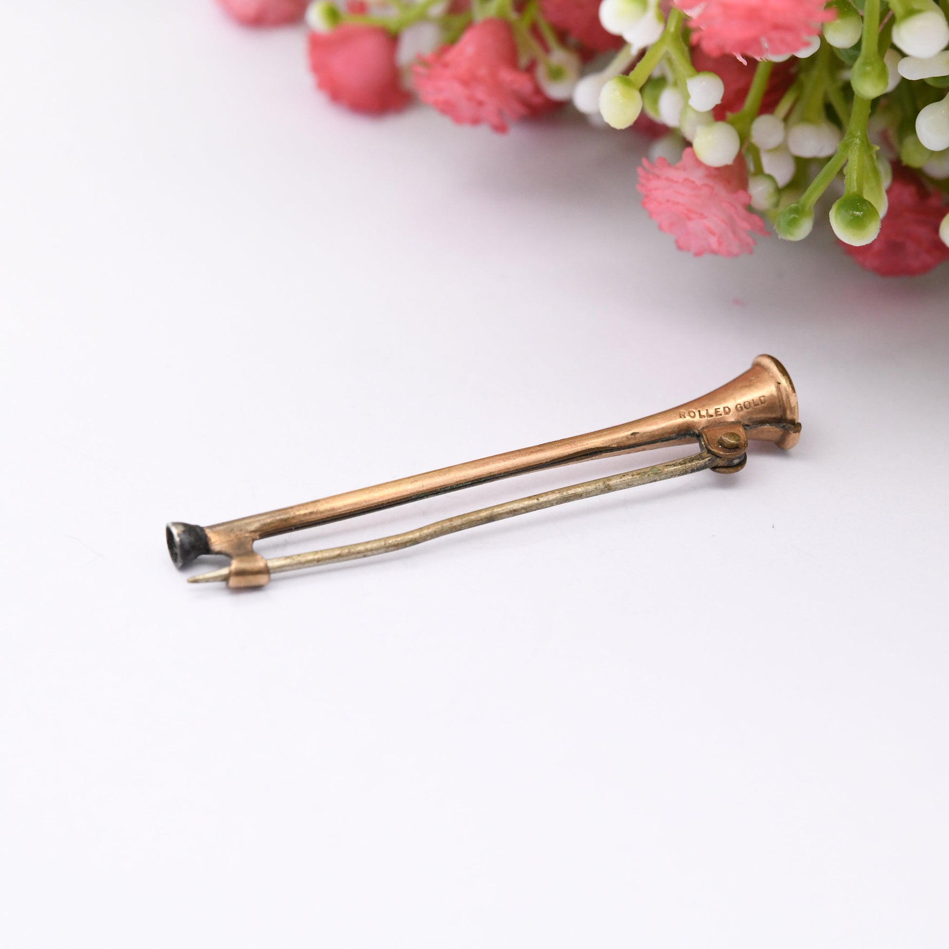 Antique Edwardian Rolled Gold Horn Bar Brooch - Novelty Vintage Jewellery