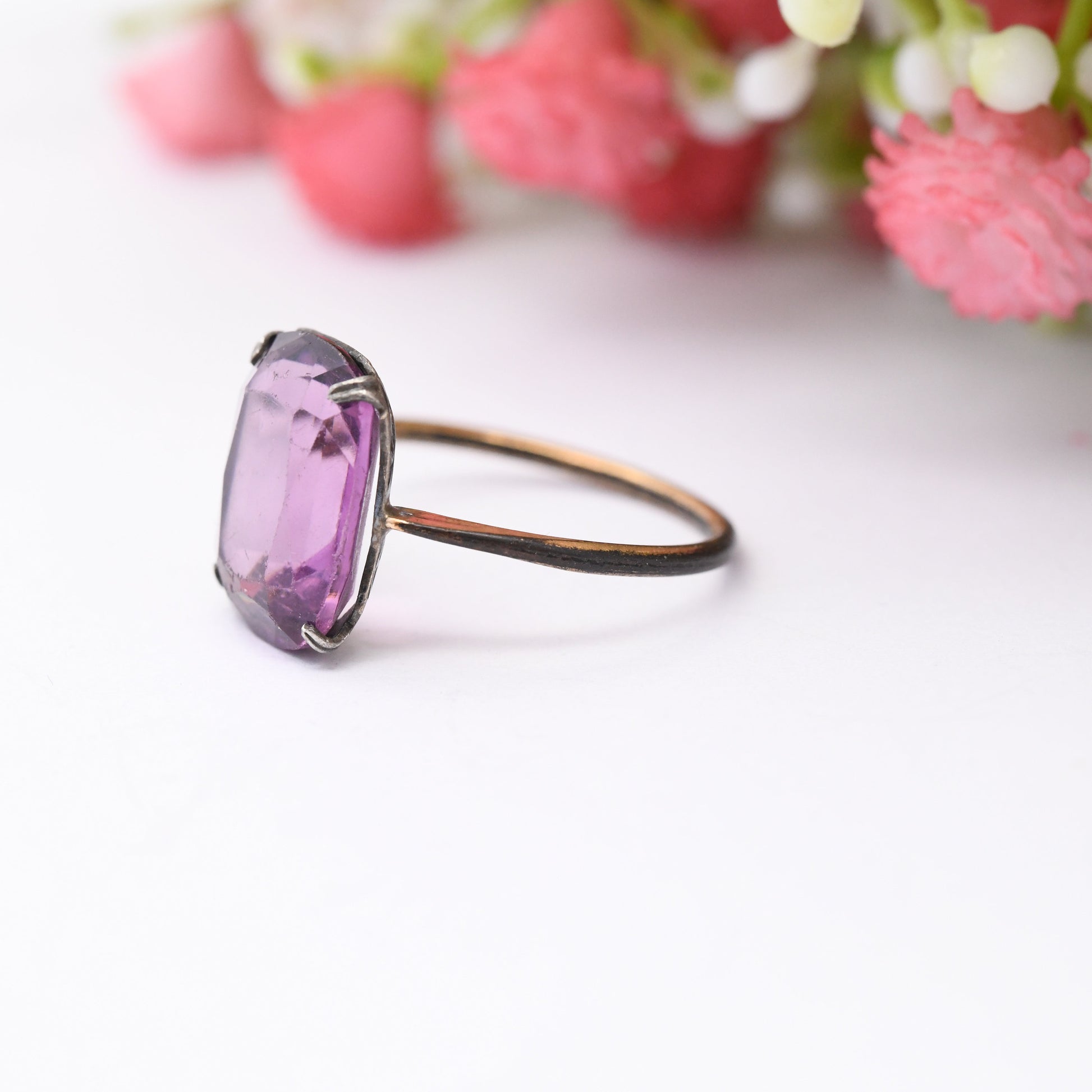 Antique Rolled Gold Ring with Amethyst Paste Stone - Art Deco Costume Jewellery | UK Size - O | US Size - 7