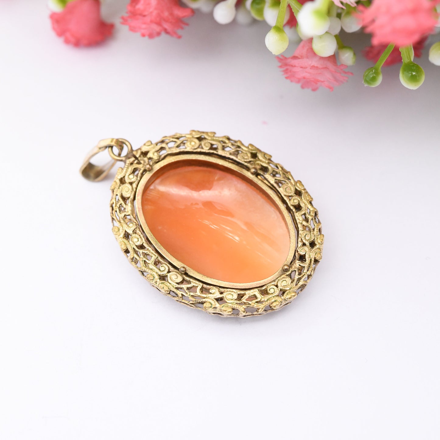 Vintage Kollmar Jourdan Ornate Cameo Pendant - Gold Plated KJ | Pretty Antique Style Necklace