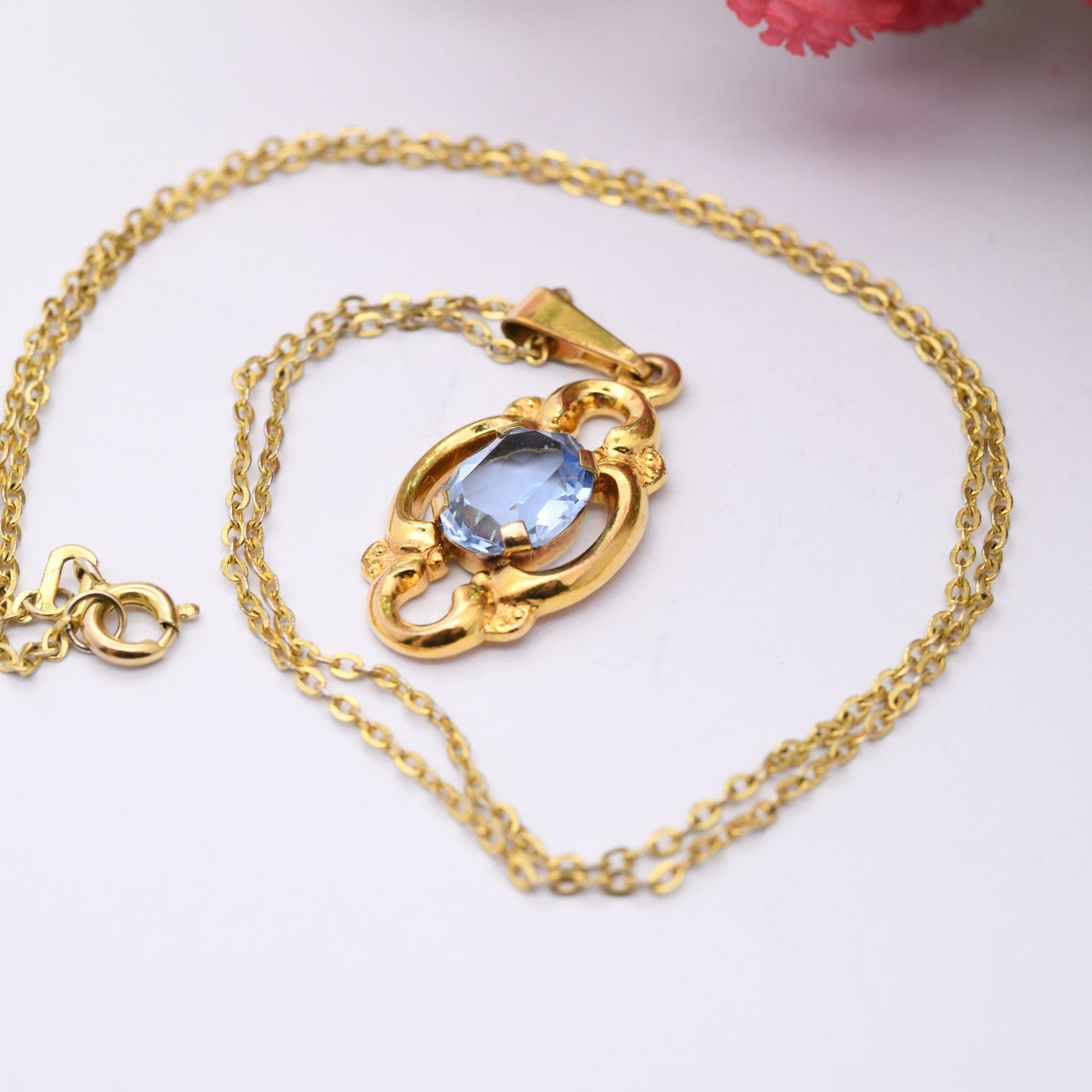 Vintage Gold Plated Pendant Necklace with Blue Paste Stone on Trace Chain - Mid-Century Costume Jewellery