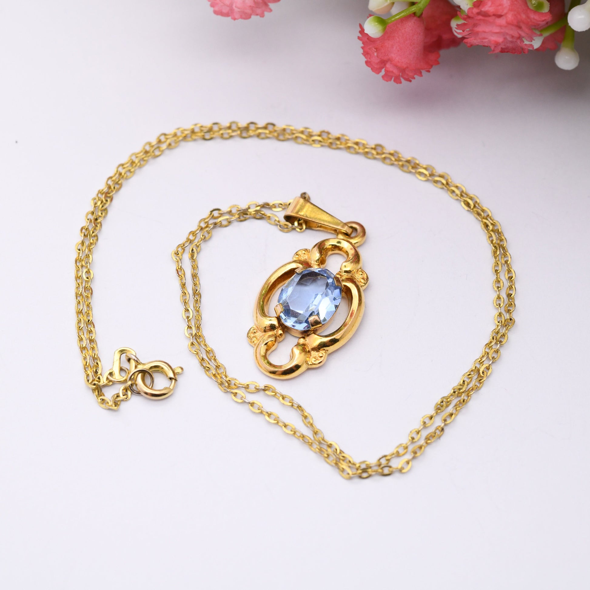 Vintage Gold Plated Pendant Necklace with Blue Paste Stone on Trace Chain - Mid-Century Costume Jewellery