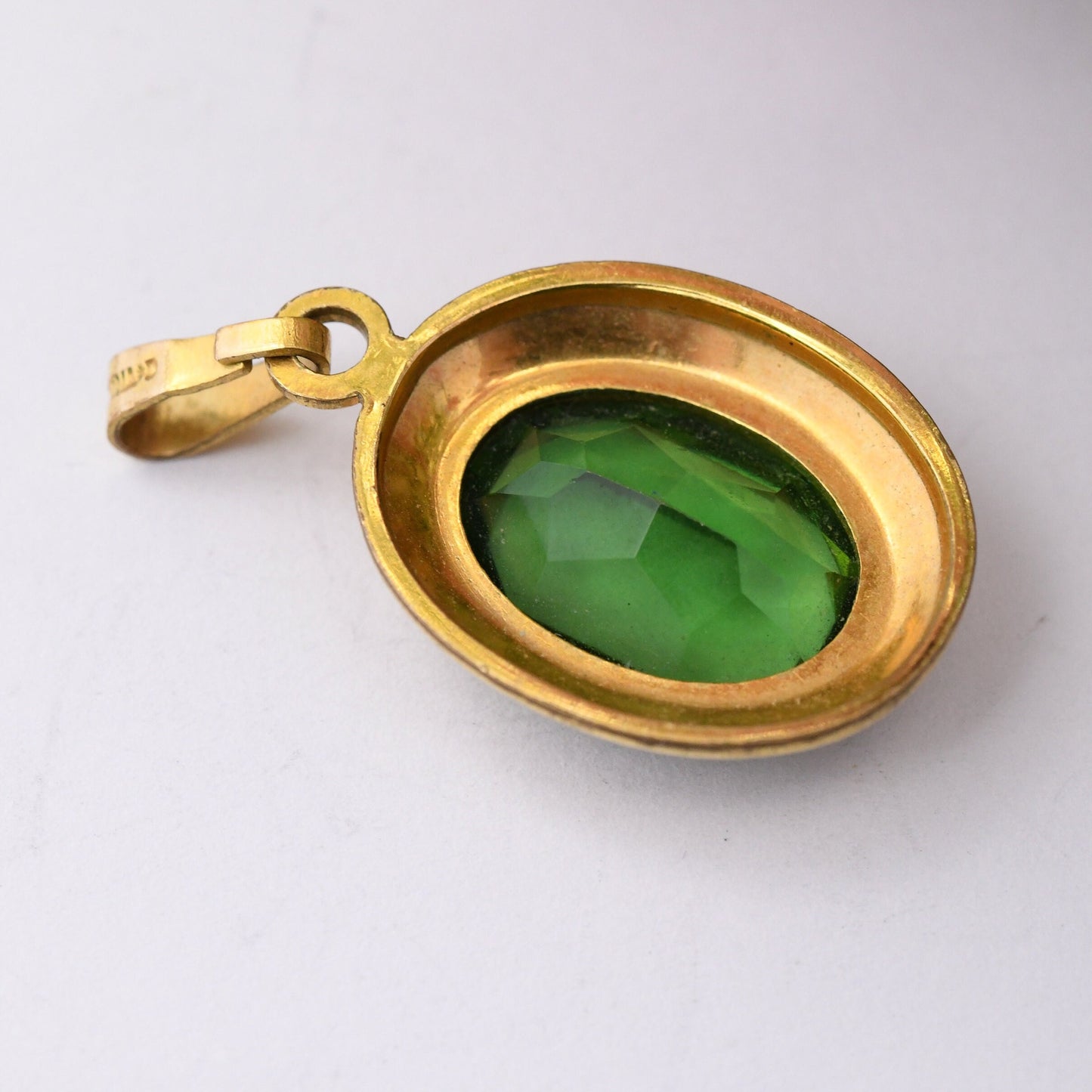 Vintage Andreas Daub Rolled Gold Pendant A*D - Mid-Century Large Green Paste Stone | German Designer
