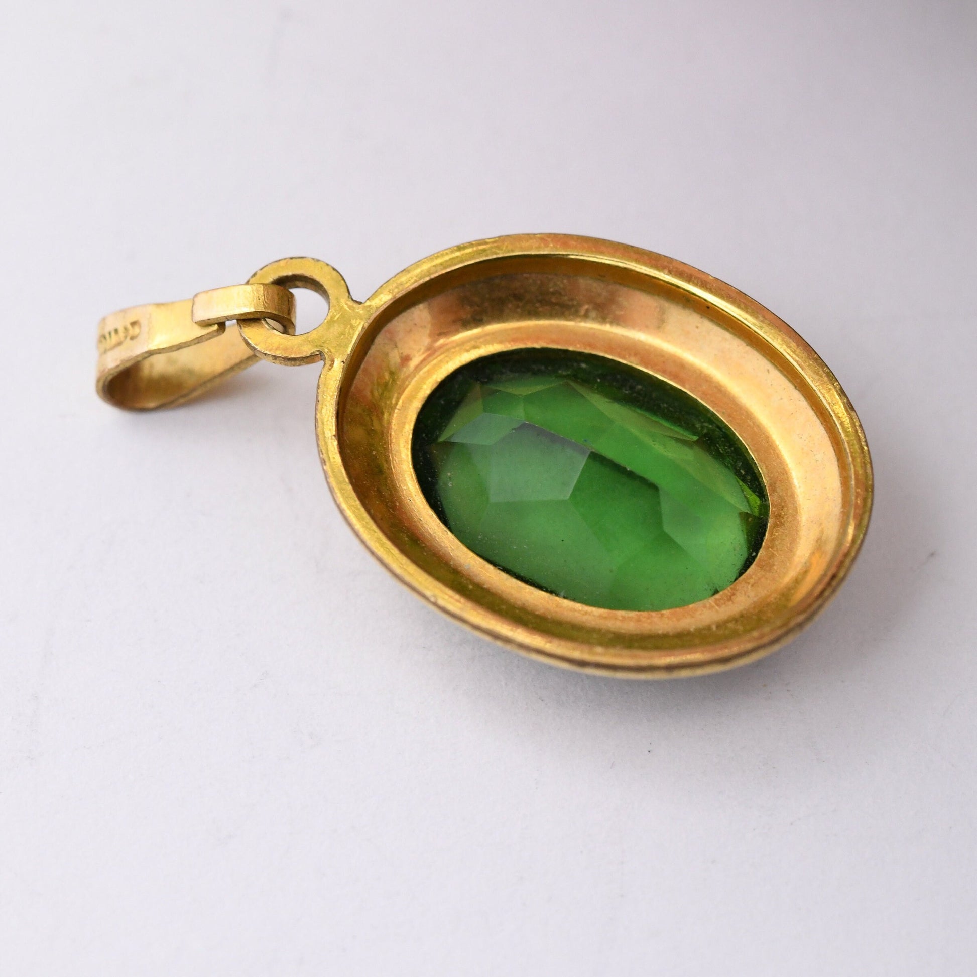 Vintage Andreas Daub Rolled Gold Pendant A*D - Mid-Century Large Green Paste Stone | German Designer