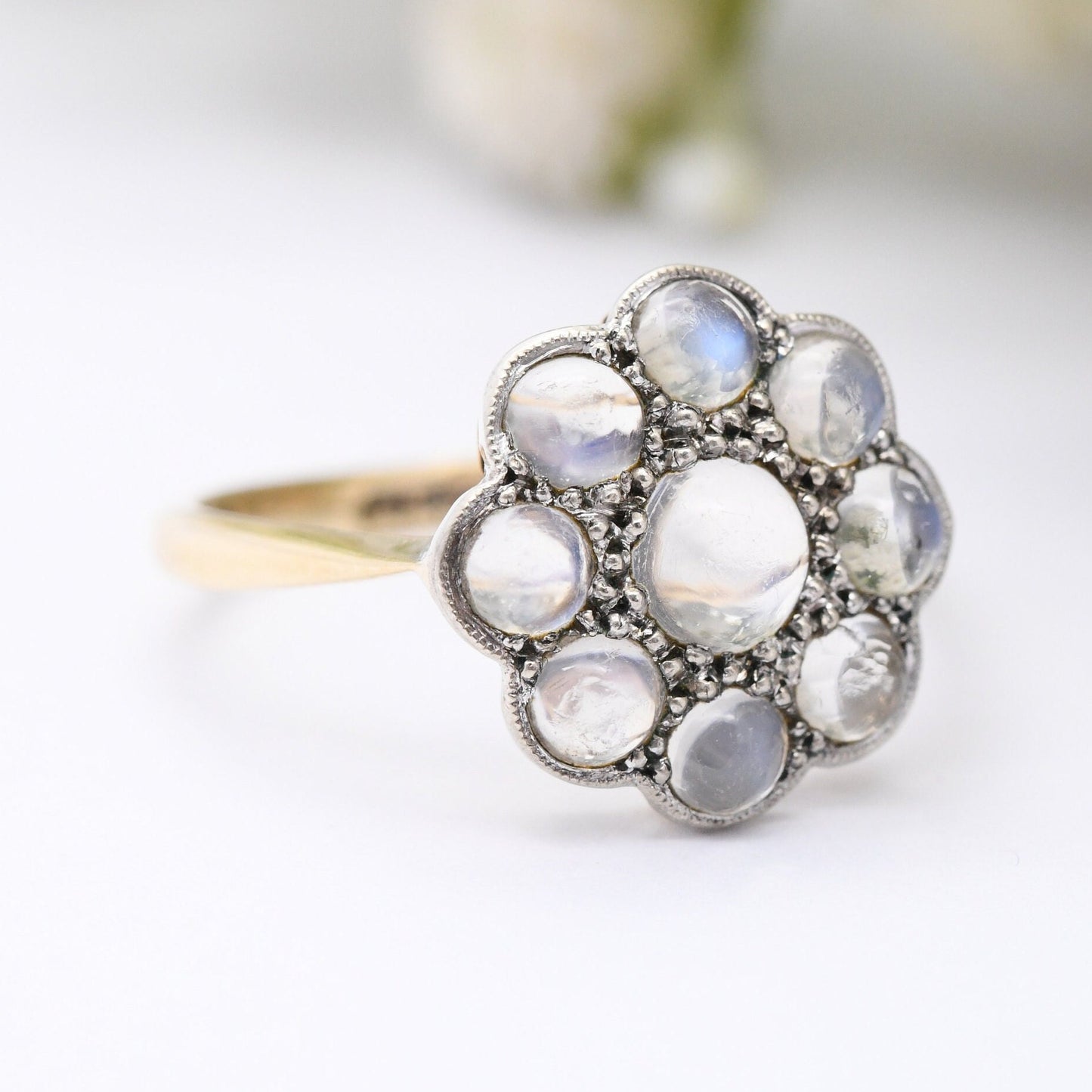 Antique 9ct Gold Moonstone Flower Ring - Edwardian Floral Cluster Ring | Statement Cocktail Jewellery | UK Size - P | US Size - 7 1/2