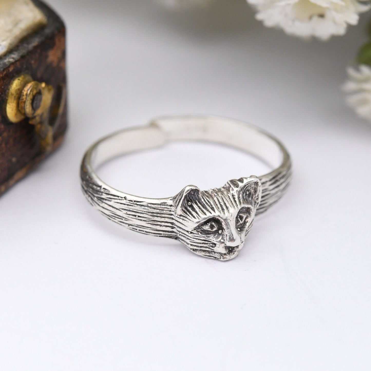 Vintage Sterling Silver Cat Face Ring - Novelty Animal Jewellery | Adjustable Size UK Size - N | US Size - 6 3/4