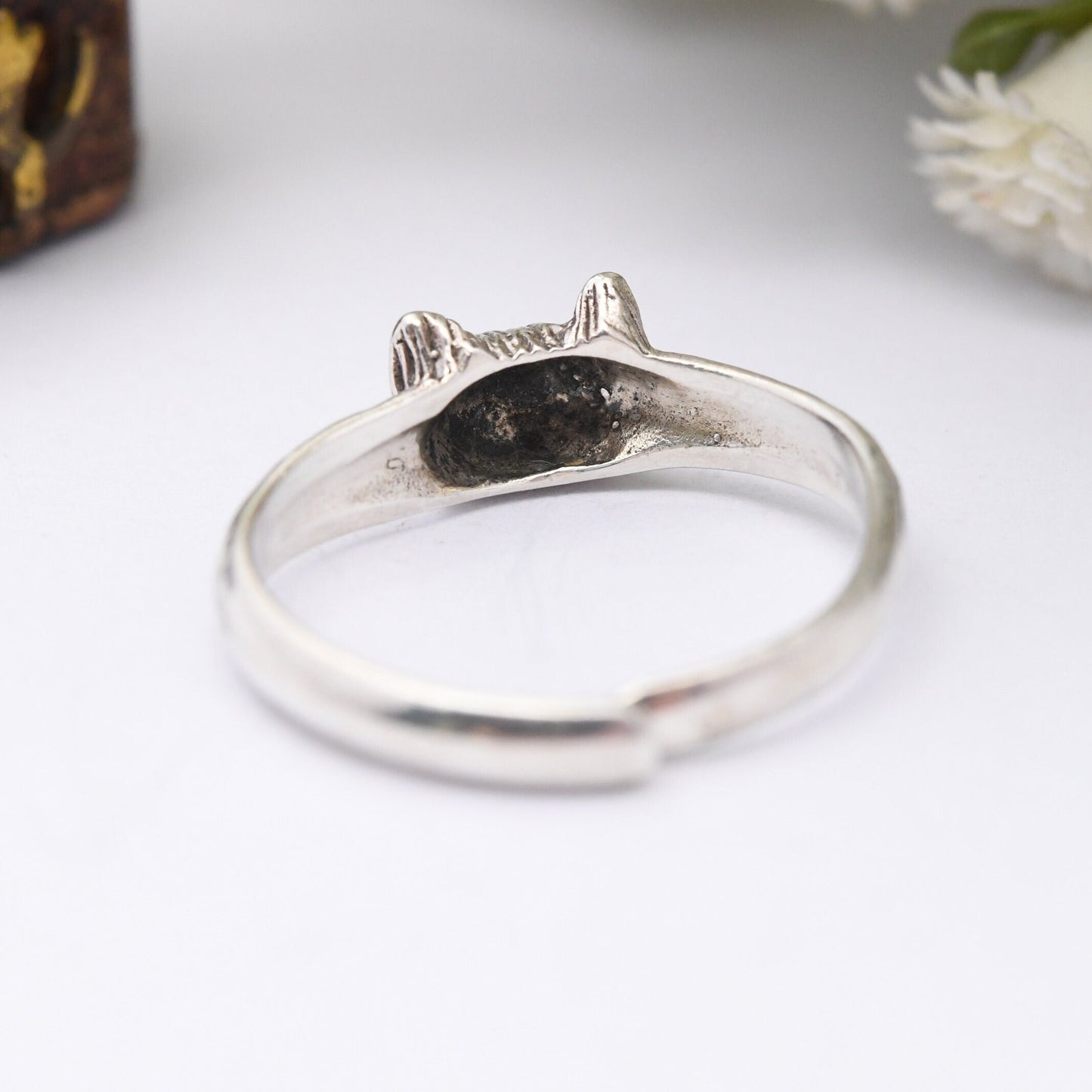 Vintage Sterling Silver Cat Face Ring - Novelty Animal Jewellery | Adjustable Size UK Size - N | US Size - 6 3/4