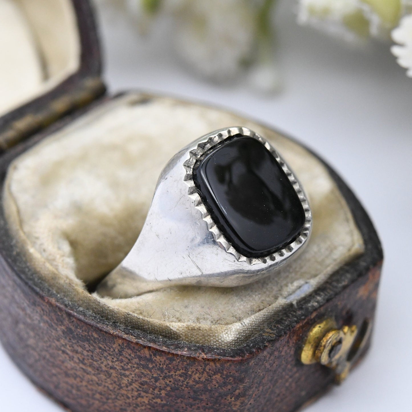 Vintage Sterling Silver Onyx Signet Ring - Black Gemstone Unisex Jewellery | UK Size - Q | US Size - 8