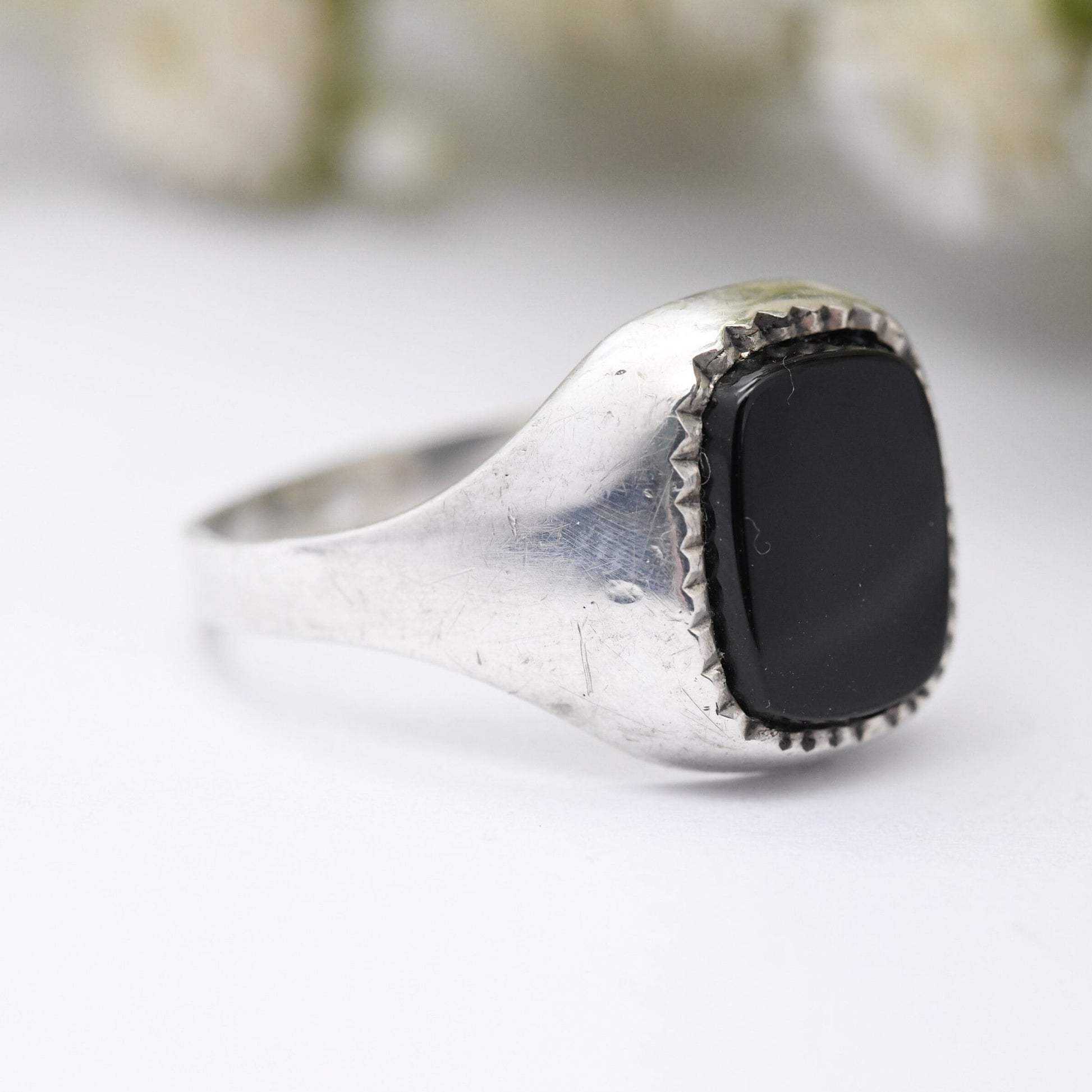 Vintage Sterling Silver Onyx Signet Ring - Black Gemstone Unisex Jewellery | UK Size - Q | US Size - 8