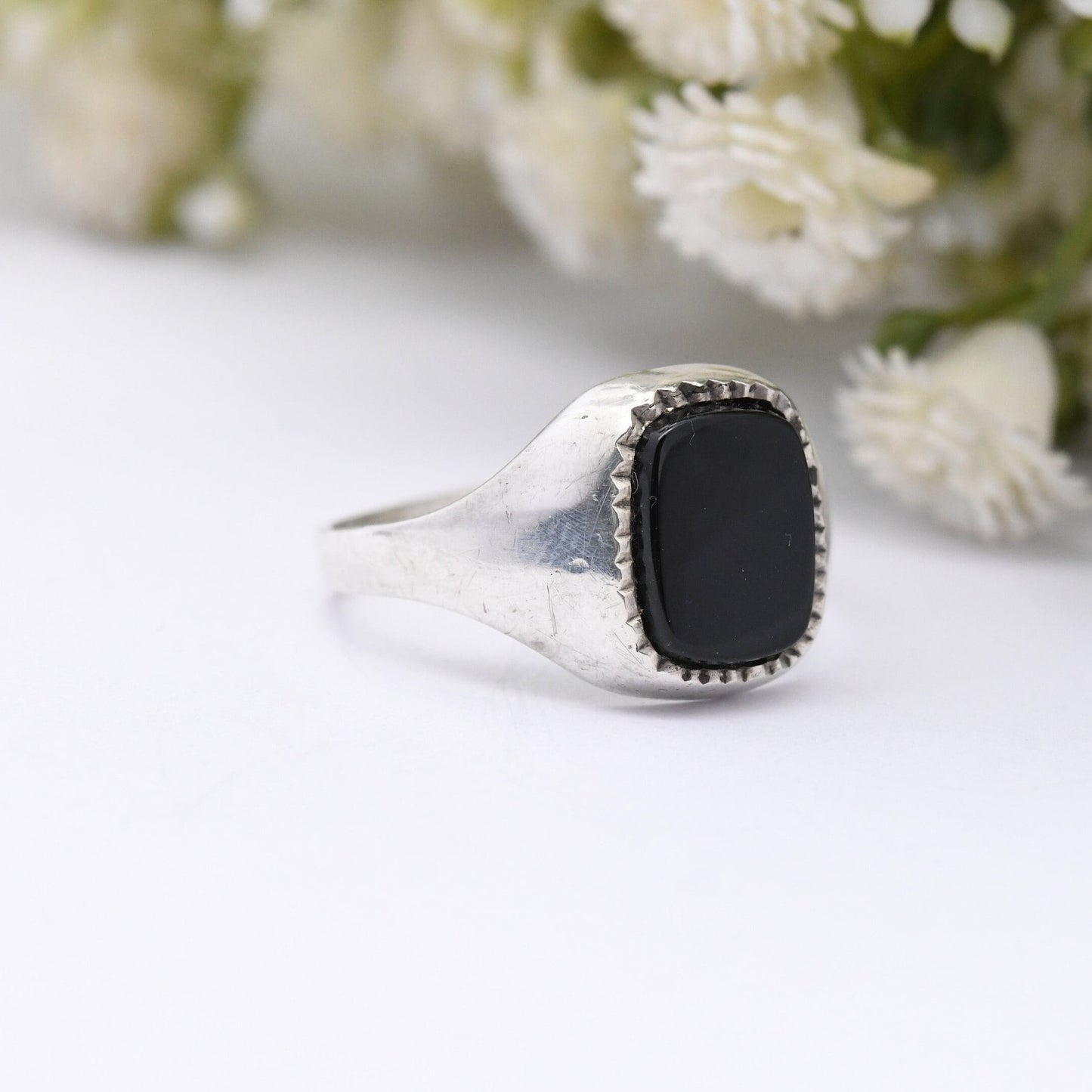 Vintage Sterling Silver Onyx Signet Ring - Black Gemstone Unisex Jewellery | UK Size - Q | US Size - 8