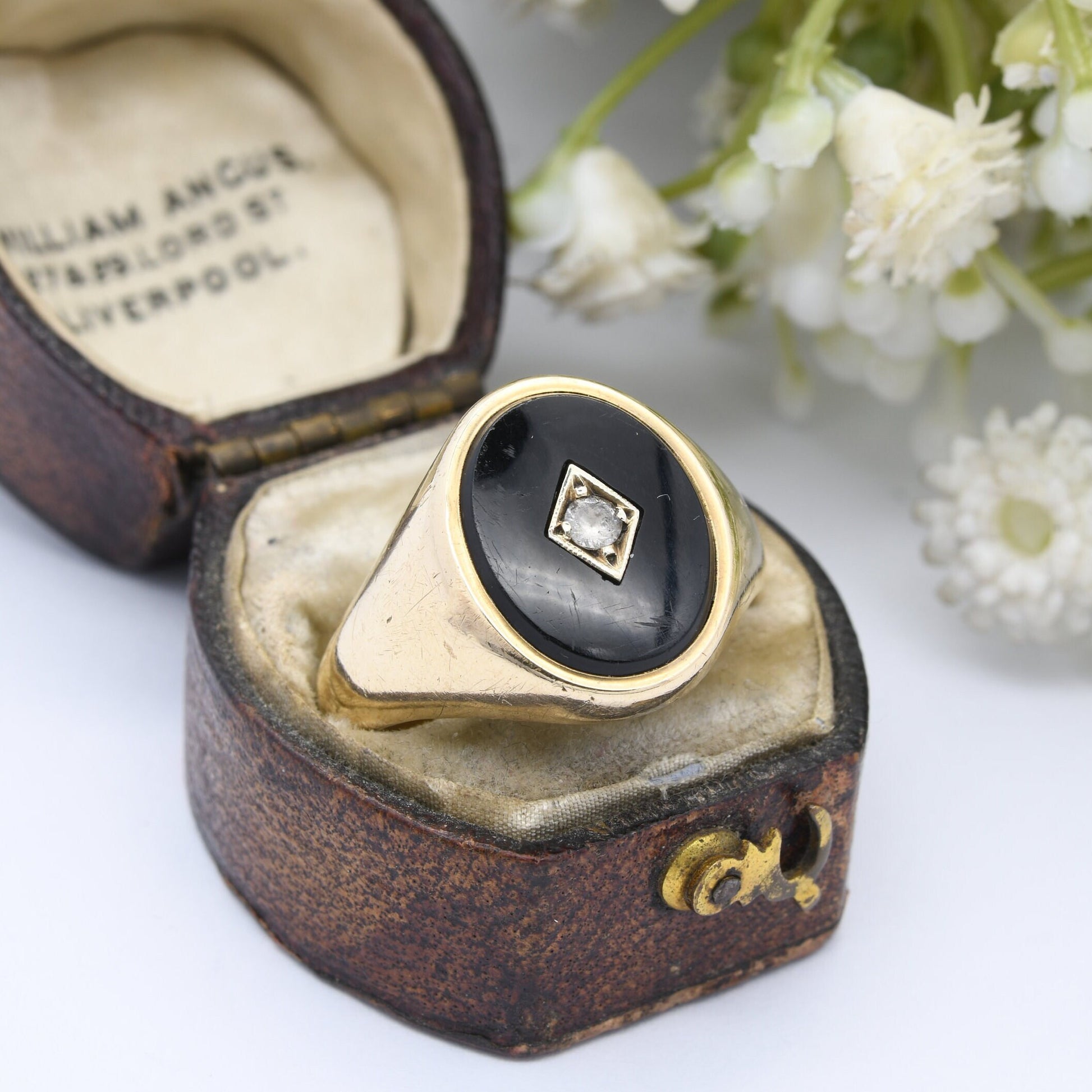 Vintage 9ct Gold Onyx Signet Ring 1965 with Clear Stone - Large Chunky Ring | Gift for Boyfriend | UK Size - T | US Size - 9 3/4