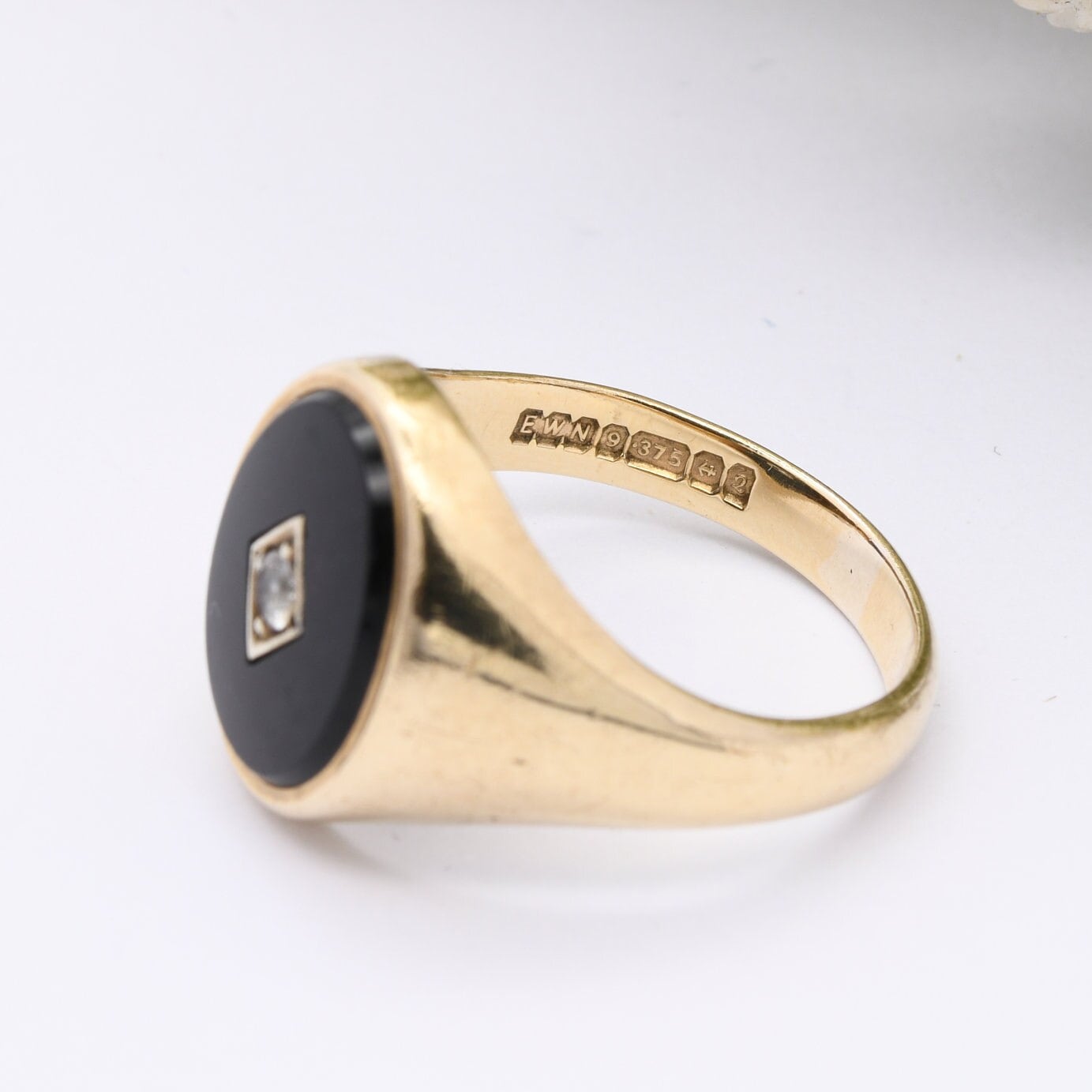 Vintage 9ct Gold Onyx Signet Ring 1965 with Clear Stone - Large Chunky Ring | Gift for Boyfriend | UK Size - T | US Size - 9 3/4