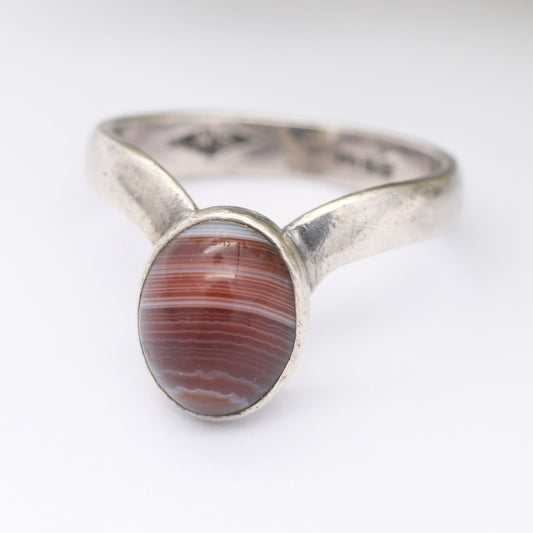 Vintage Sterling Silver Banded Agate Ring 1975 - Mid-Century Modernist Ring | V Shaped Wishbone | UK Size - J 1/2 | US Size - 5