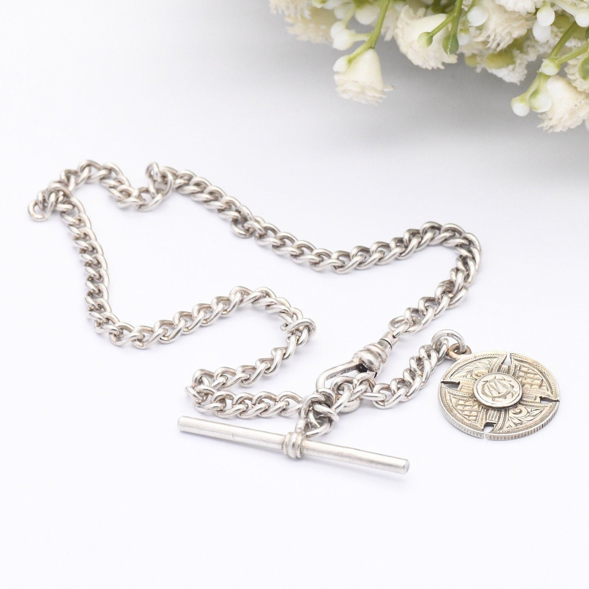 Vintage Sterling Silver Albert Chain with T-Bar & Dog Clip 1975 with Antique 1912 Sixpence Coin Love Token | Victorian Style Watch Chain
