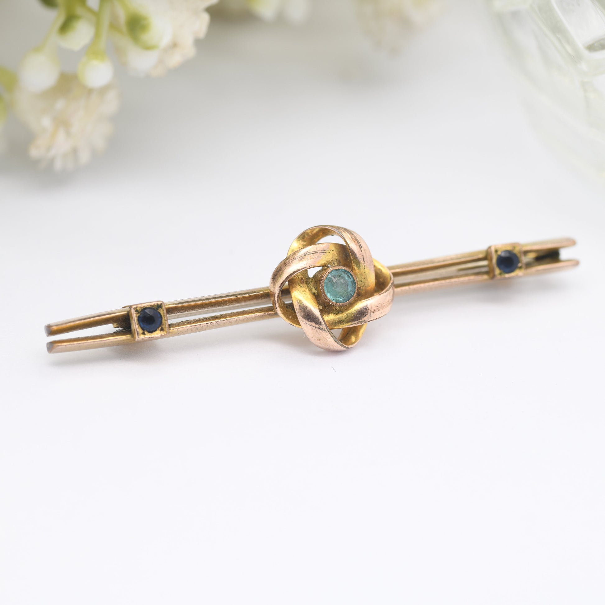 Antique Edwardian Rolled Gold Bar Brooch with Three Blue Paste Stones - Twisted Knot Design