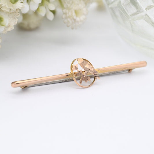 Antique Edwardian 9ct Gold Brooch with a Bird and Flowers - Aesthetic Movement Bar Brooch | Floral Leaf Pin