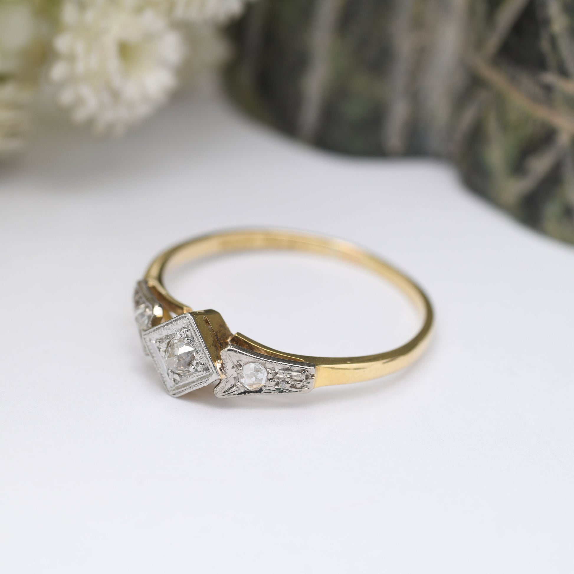 Antique Art Deco 18ct Gold Platinum Diamond Engagement Ring - Three Stone Trilogy Diamond Ring | UK Size - O | US Size - 7 1/4