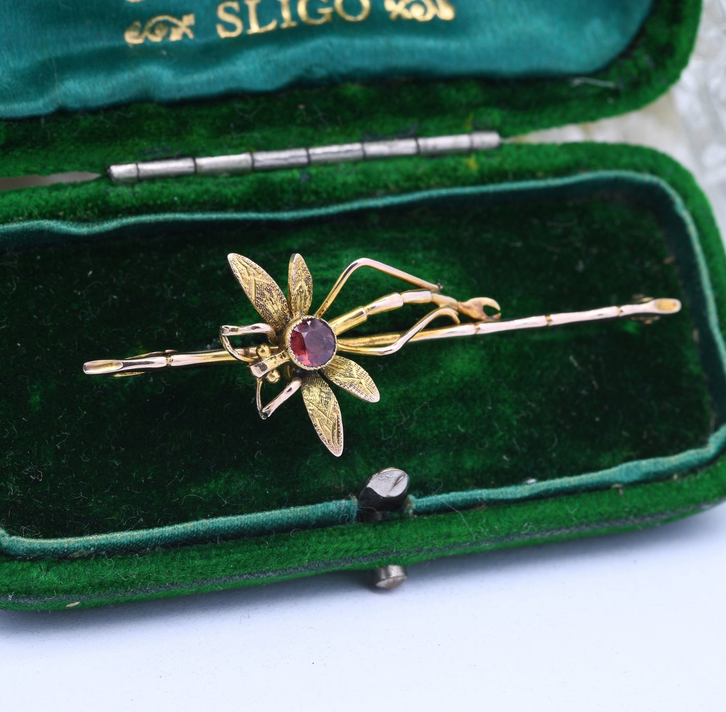 Antique Edwardian 9ct Gold Dragonfly Brooch with a Garnet Body - Antique Gold Insect Jewellery | Detailed Bar Brooch | Victorian Pin