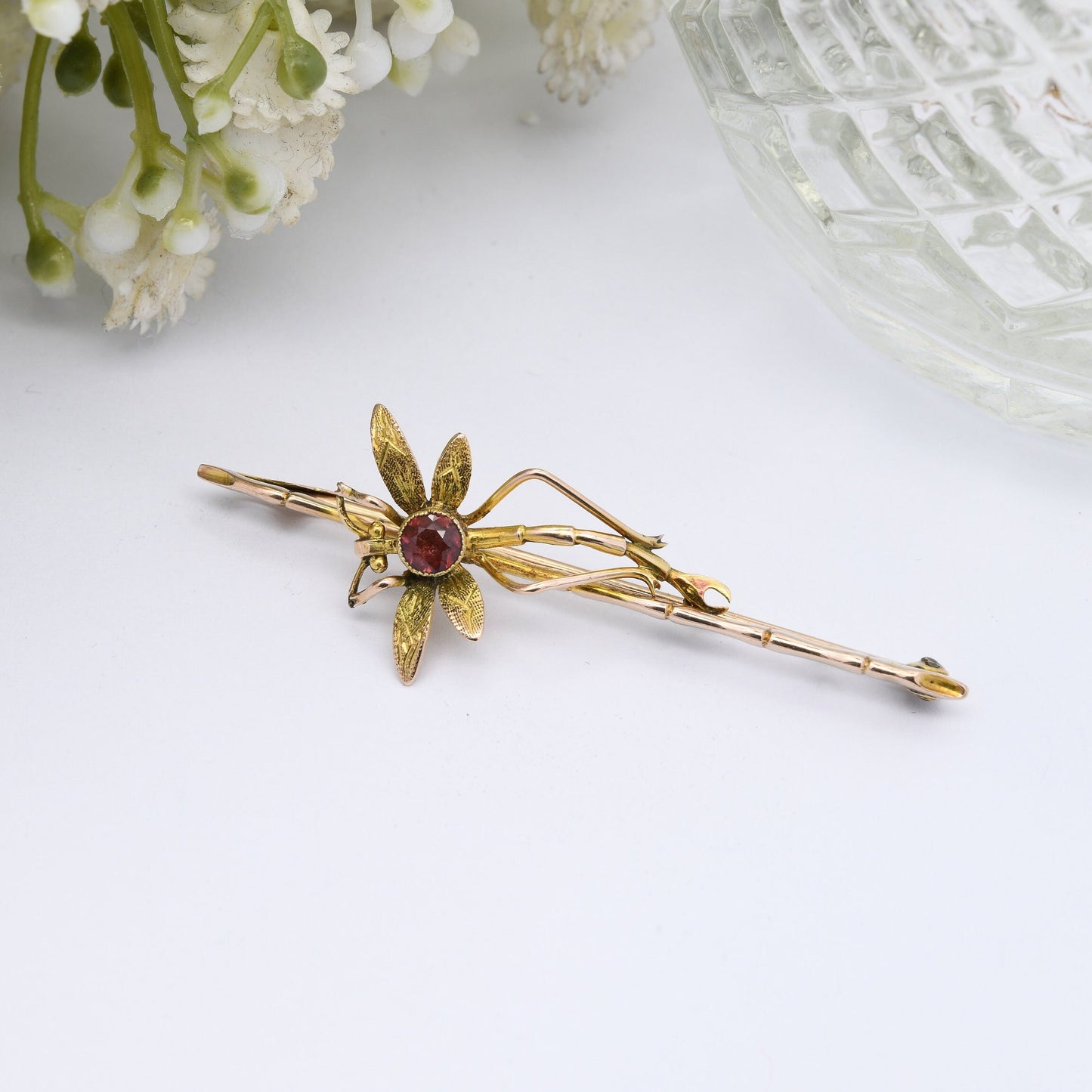 Antique Edwardian 9ct Gold Dragonfly Brooch with a Garnet Body - Antique Gold Insect Jewellery | Detailed Bar Brooch | Victorian Pin